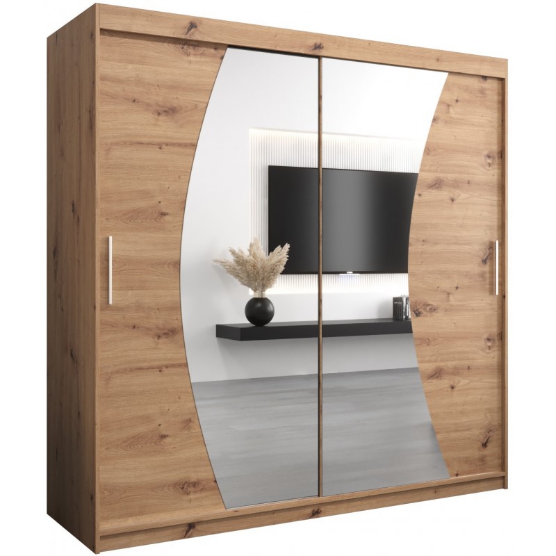 Szafa przesuwna garderoba z lustrem i półkami do salonu Wave 200 artisan sonoma czarna biała