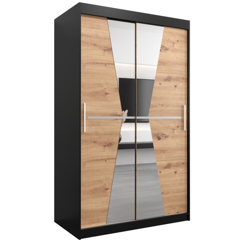Szafa przesuwna garderoba z lustrem i drążkami do sypialni Maroko 120 artisan sonoma czarna biała