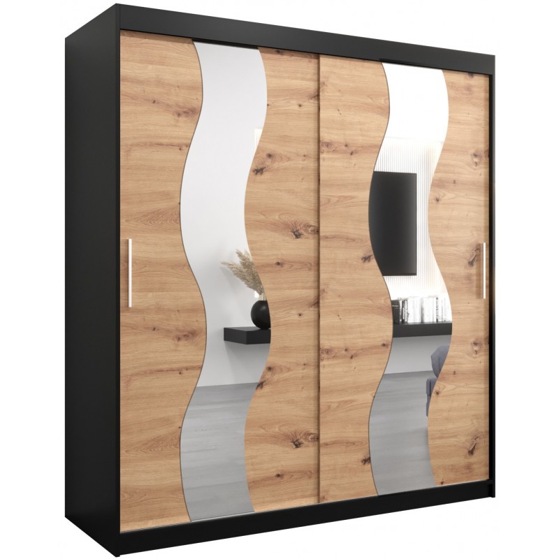 Szafa przesuwna garderoba z lustrem i półkami do sypialni Sewilla 180 artisan sonoma czarna biała
