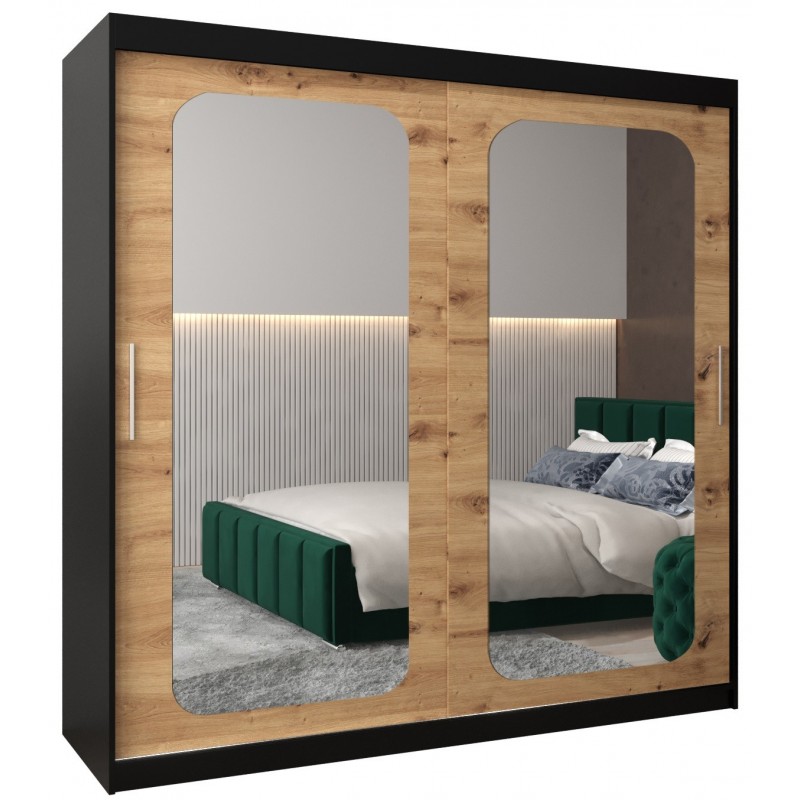 Szafa przesuwna z lustrem i drążkami do pokoju młodzieżowego PROMO T3 200 artisan sonoma czarna biała