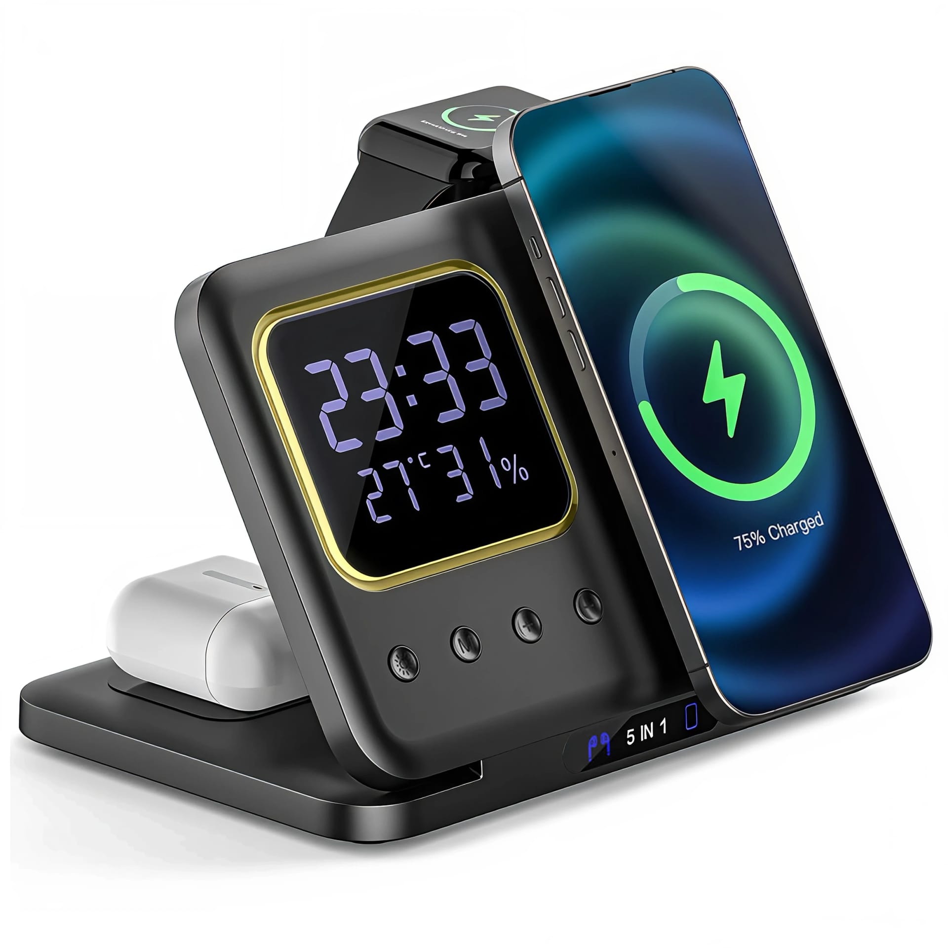 Ładowarka indukcyjna 5w1 składana Alogy MagStation Foldable Pro do MagSafe do Apple iPhone Watch AirPods z zegarem i higrometrem Czarna