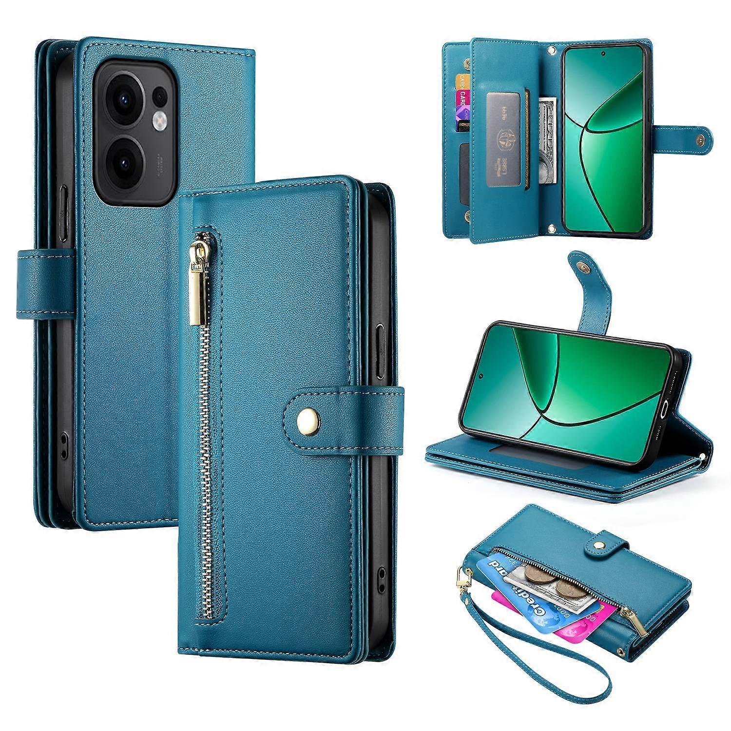 DF-011 Dla Oppo Reno13 F 5G Etui Kieszeń na zamek Portfel Skórzany pokrowiec na telefon z paskami - Niebieski Wielobarwny Blue