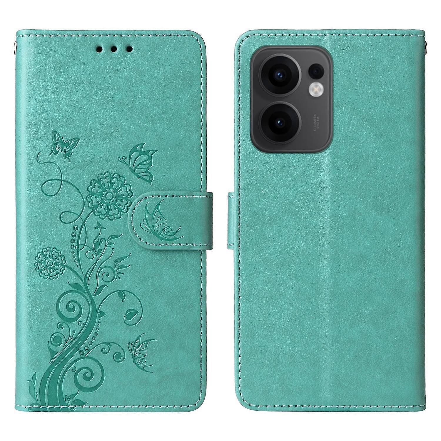 Dla Oppo Reno13 F 5G Skórzane etui Motyl Kwiatowy Nadruk Portfel Stojak Okładka - Zielony Wielobarwny Green