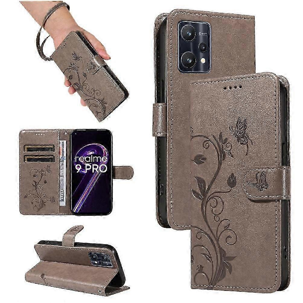 Etui na Realme 9 Pro Wytłaczany motyl z paskiem na rękę i portfelem na karty Etui na telefon Wysokiej jakości skóra Szary