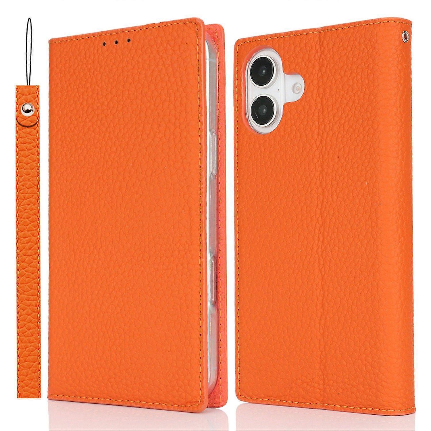 Do iPhone'a 16 Etui z portfelem Prawdziwa skóra bydlęca Pokrowiec na telefon Litchi Texture Pomarańczowy