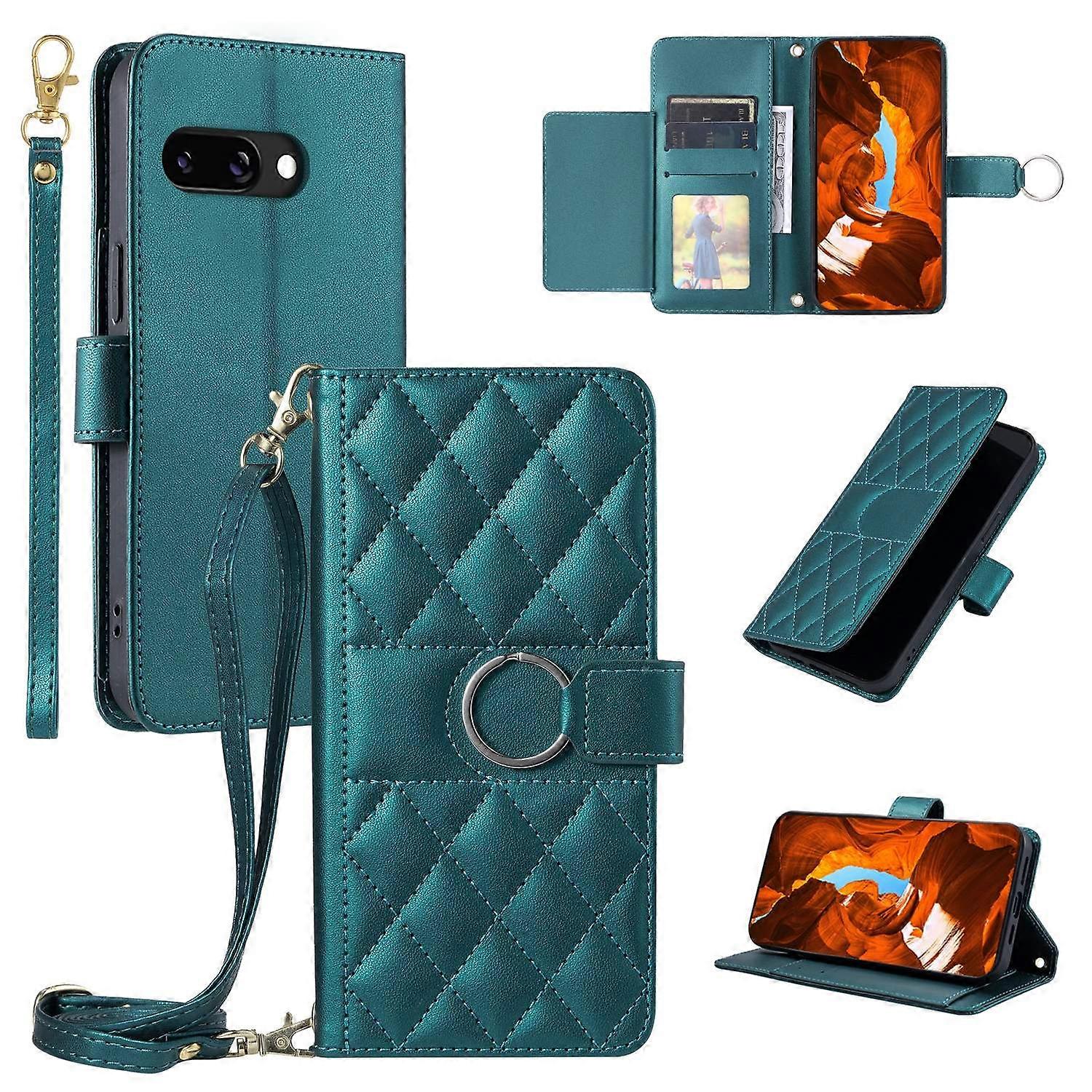 Dla Google Pixel 9a Crossbody Skórzane etui Ring Buckle Portfel Stand Rhombus Mobile Cover-Zielony Wielobarwny Green