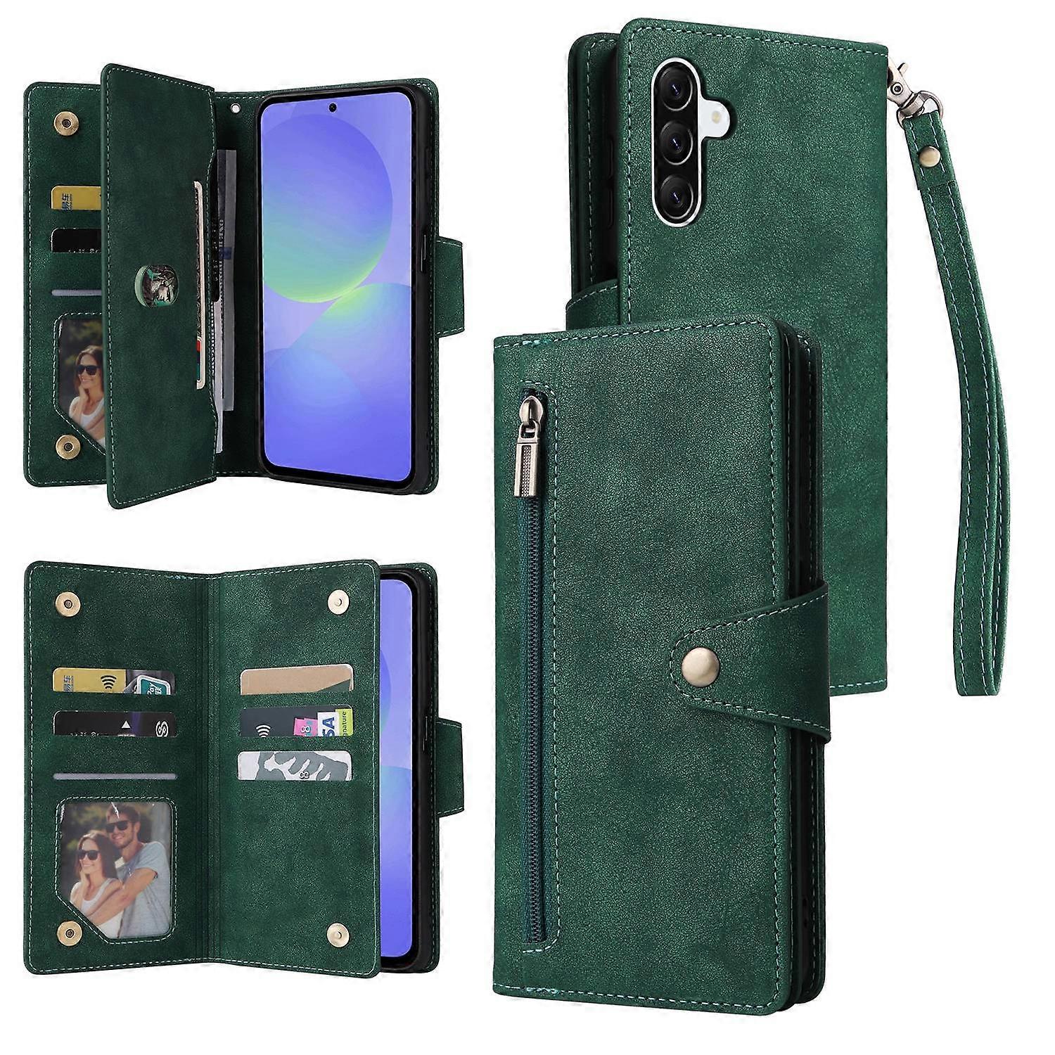 Dla Samsung Galaxy A36 5G Etui Zipper Portfel Skórzany stojak Pokrowiec na telefon Nit Decor - Zielony Wielobarwny Green