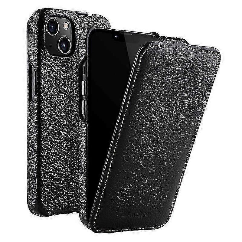 Do iPhone'a 13 Pionowe etui na telefon z klapką Tekstura Litchi Prawdziwa skóra bydlęca + osłona ochronna PC Lucky_B Czarny iPhone 13 6.1 inch