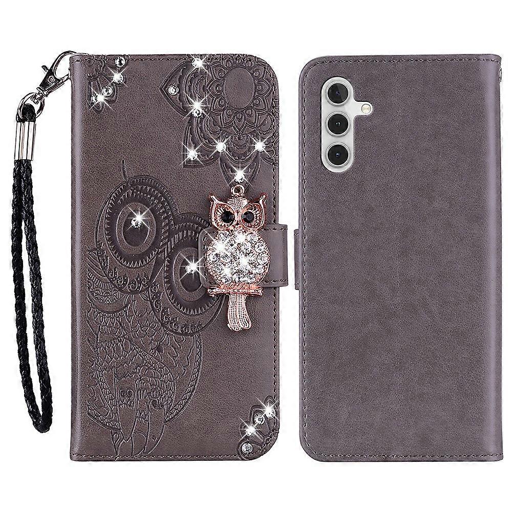 Dla Samsung Galaxy A16 5G/4G Portfel Sowa Kwiat Nadrukowany Skórzany Pokrowiec Rhinestone-Szary Wielobarwny Grey