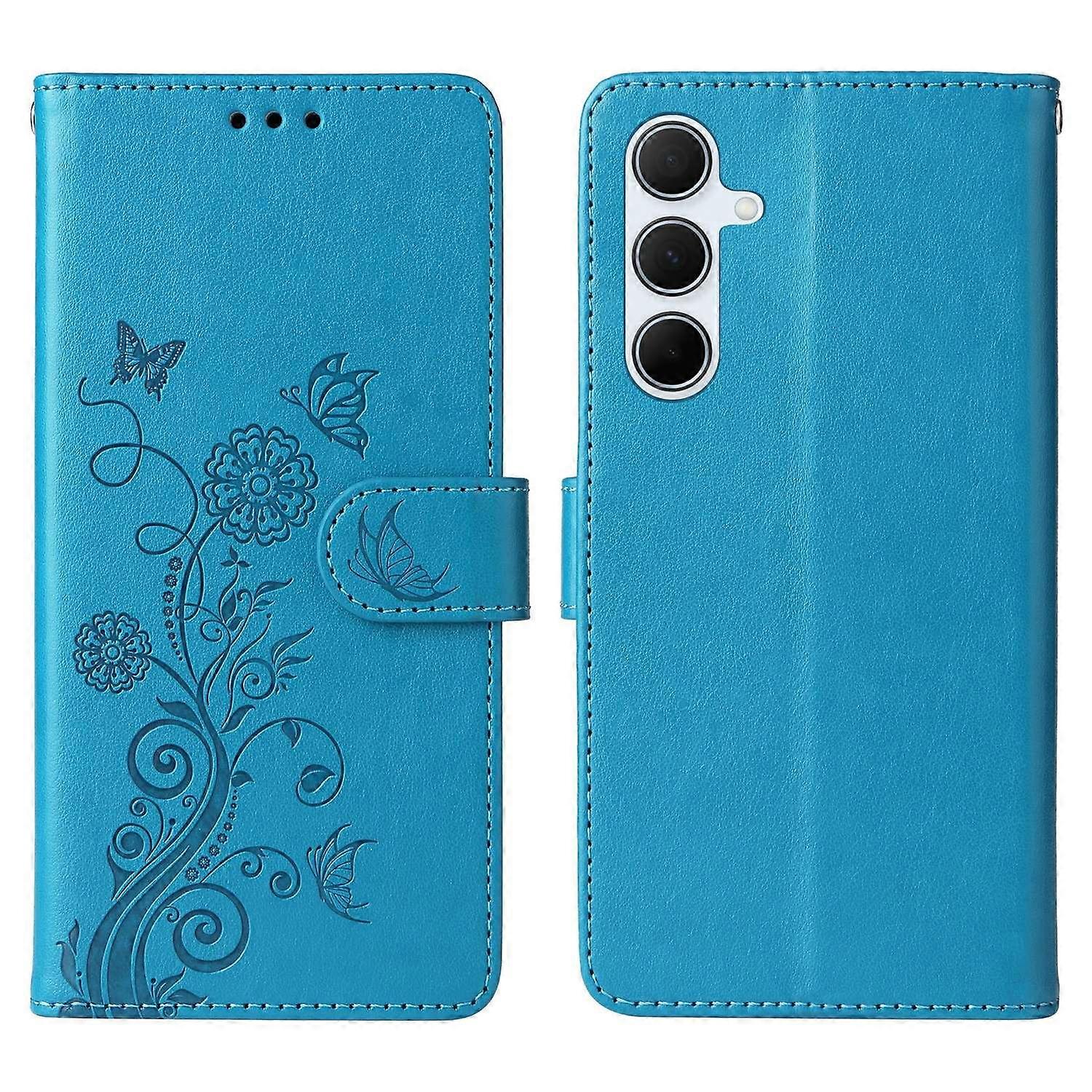 Dla Samsung Galaxy A36 5G Skórzane Etui Butterfly Floral Imprint Portfel Stojak Pokrowiec - Niebieski Wielobarwny Blue