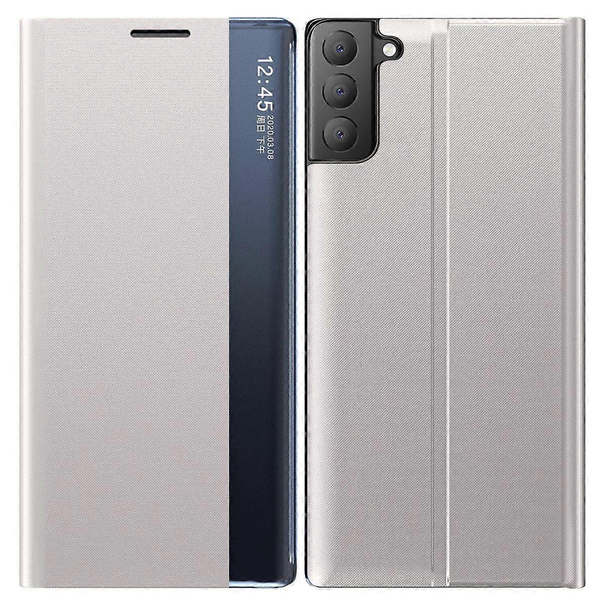 Dla Samsung Galaxy S21 FE View Etui na telefon z okienkiem Skórzana powłoka ochronna zapobiegająca upadkowi z podstawką Wielobarwny Grey