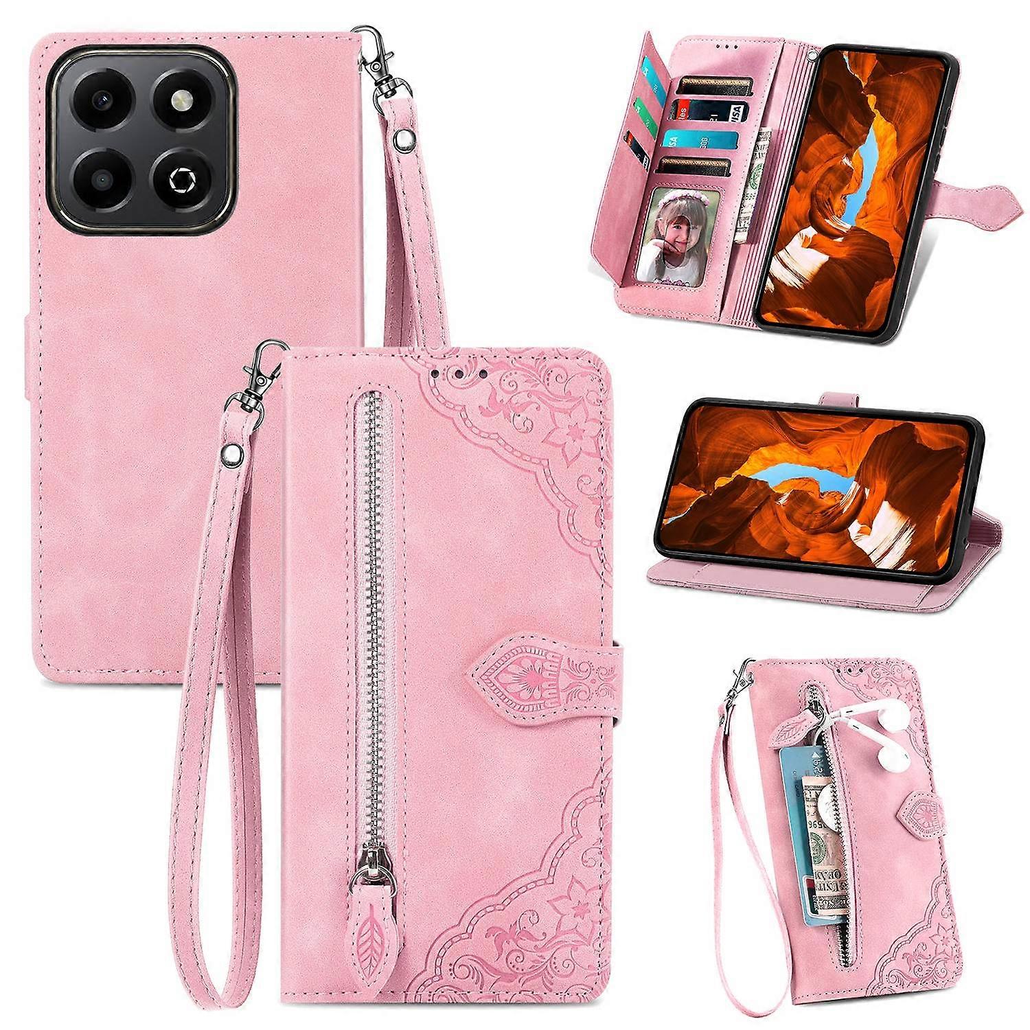 Dla Honor 200 Smart 5G / X7c 4G Zipper Portfel Kwiatowy nadruk Pokrowiec na telefon ze skóry PU z paskiem Wielobarwny Pink