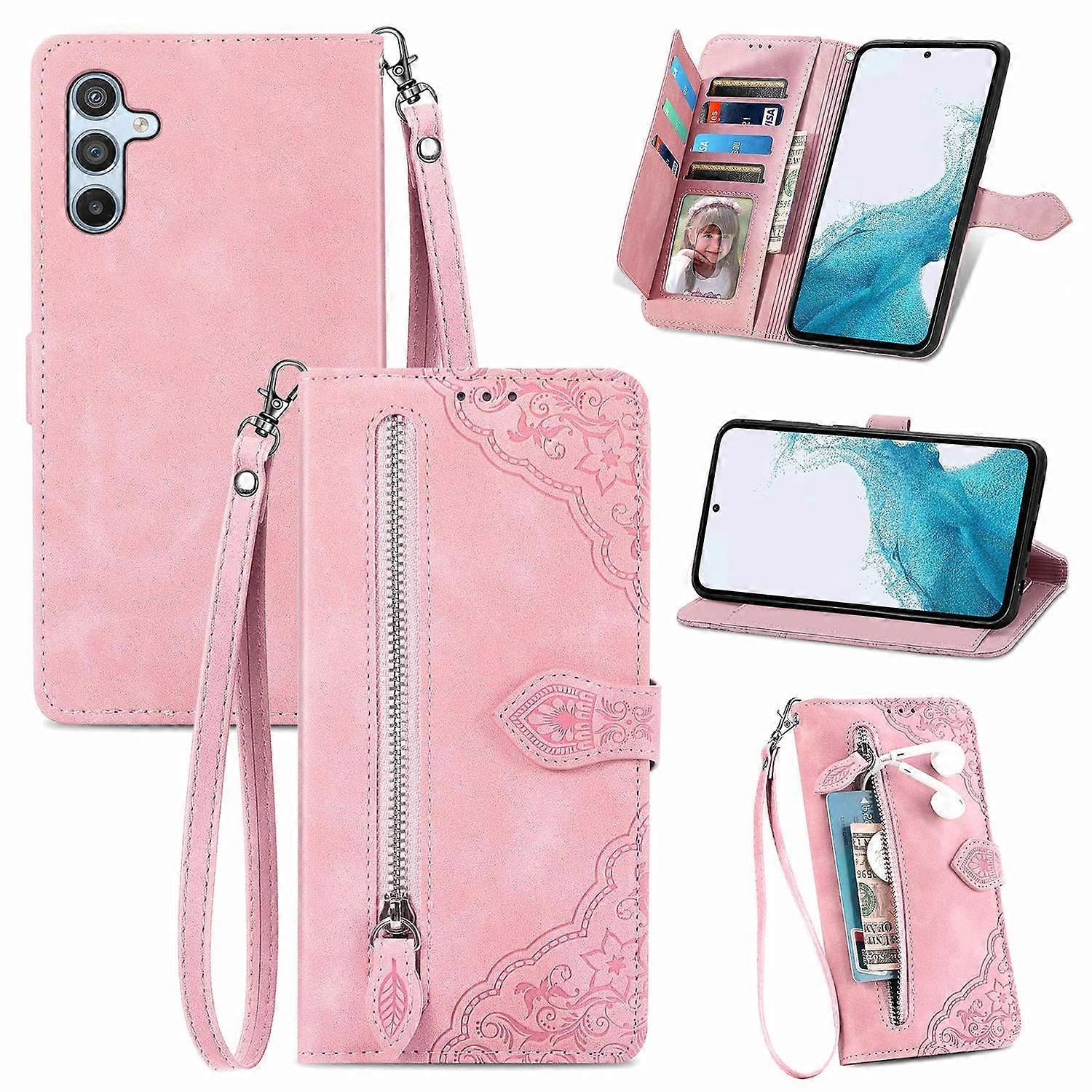 Dla Samsung Galaxy A56 5G Etui Zipper Portfel Kwiatowy Nadruk PU Skórzany pokrowiec na telefon z paskiem - różowy Wielobarwny Pink