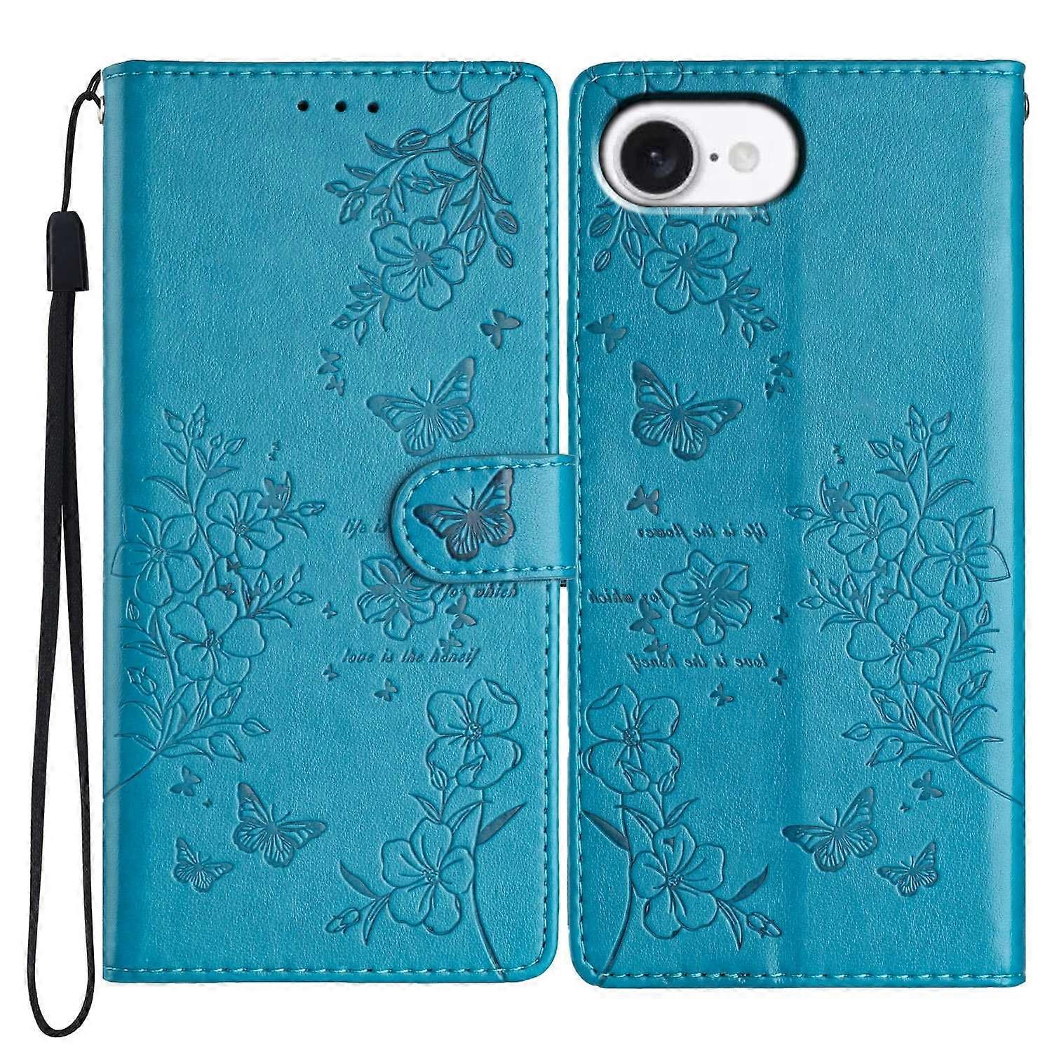 Do iPhone 16e Portfel Etui na telefon Motyl Kwiatowy nadruk Skórzany pokrowiec z klapką z paskiem - niebieski Wielobarwny Blue