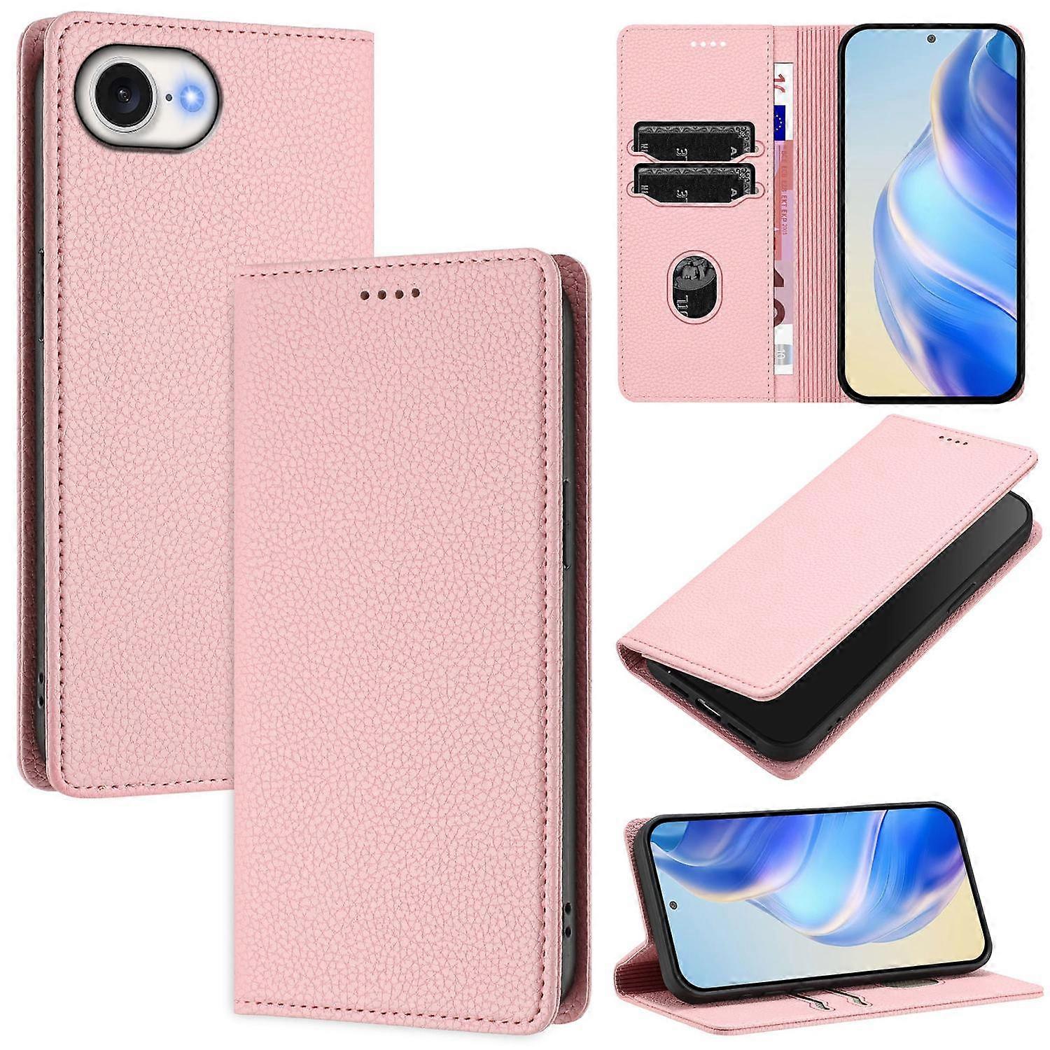 Do iPhone 16e Portfel Etui RFID Blokujące Litchi Tekstura Skórzany pokrowiec na telefon komórkowy - różowy Wielobarwny Pink