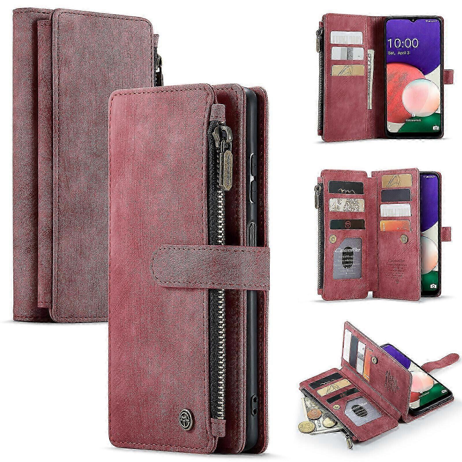 Etui na portfel Samsung Galaxy A22 5G Cover Wytrzymały magnetyczny uchwyt na karty z klapką ze skóry PU - Czerwony