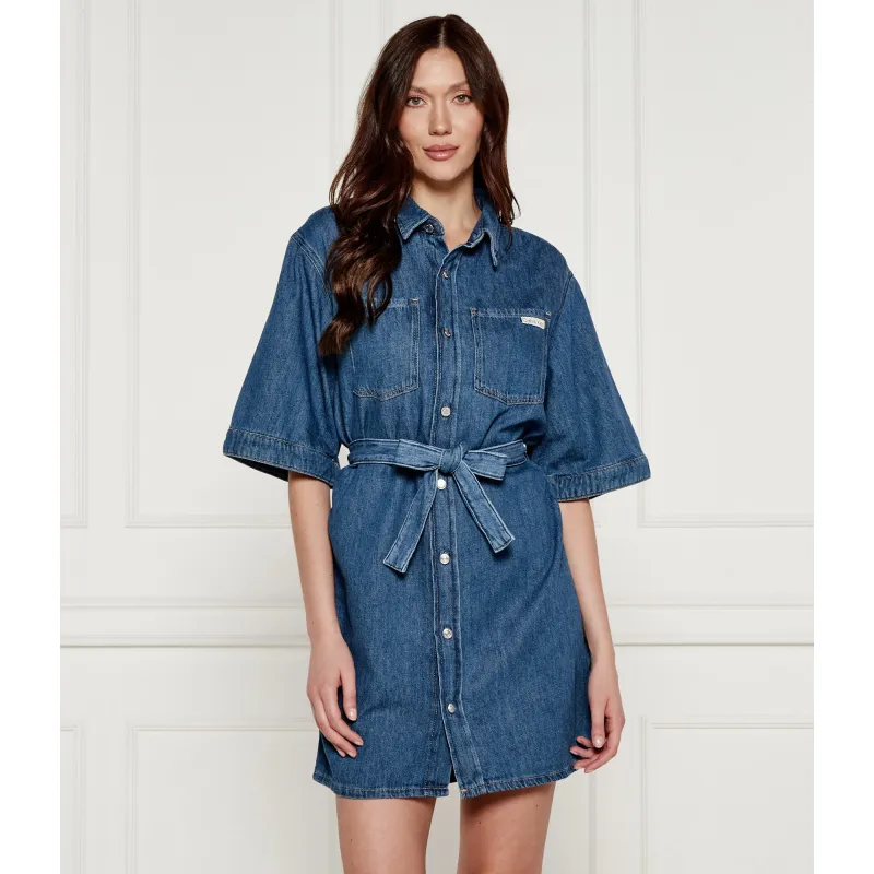 Calvin Klein Jeans Jeansowa sukienka z paskiem | z dodatkiem lnu