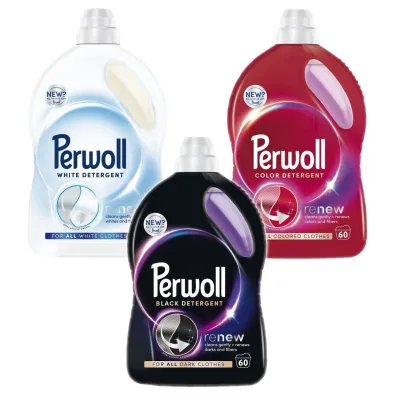 Perwoll Zestaw płynów do prania tkanin ciemnych, kolorowych i białych (180 prań) 3 x 3 l