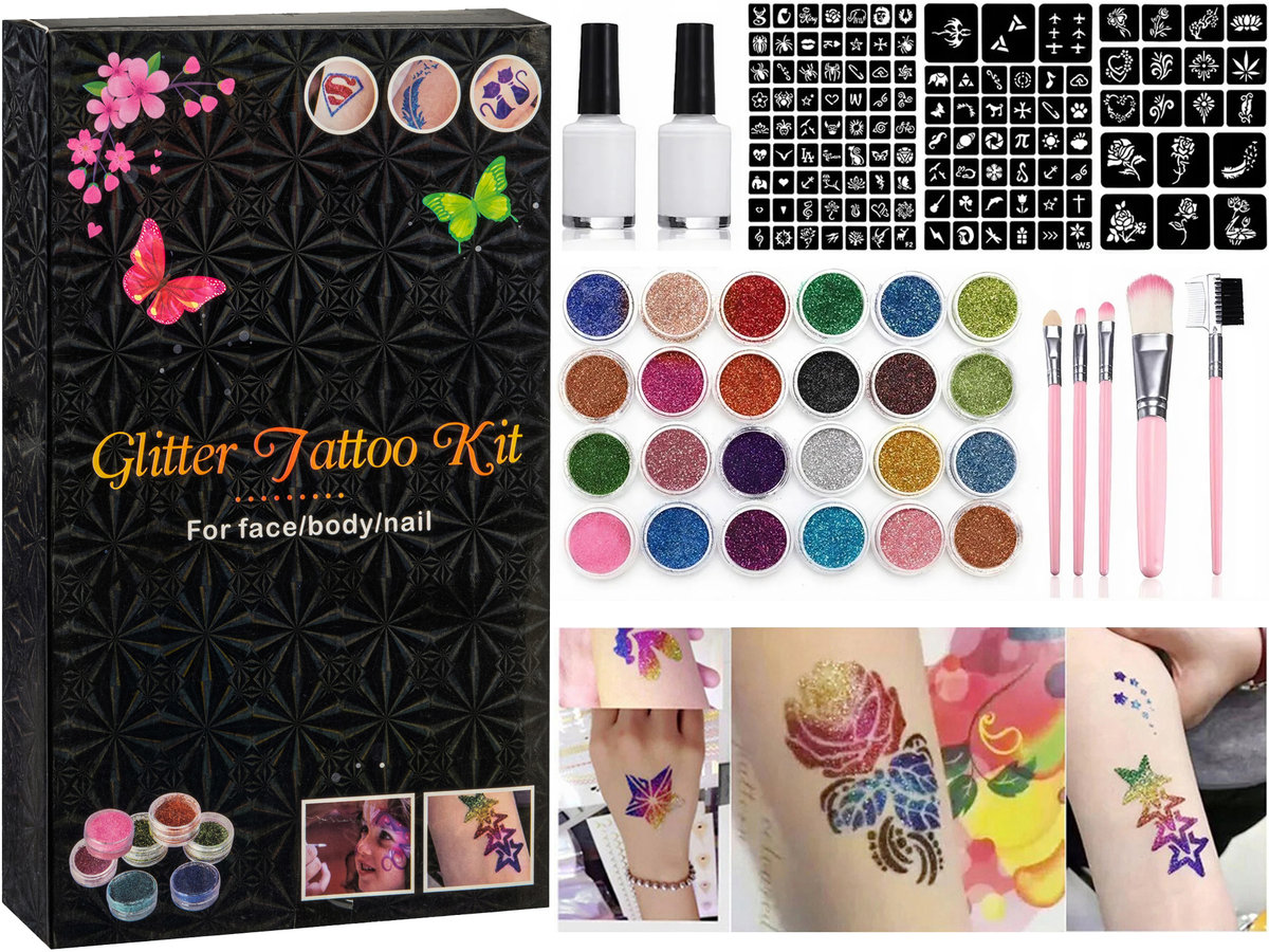 DUŻY Zestaw do Robienia TATUAŻY Z BROKATEM Szablony BROKATOWE TATUAŻE Naklejki