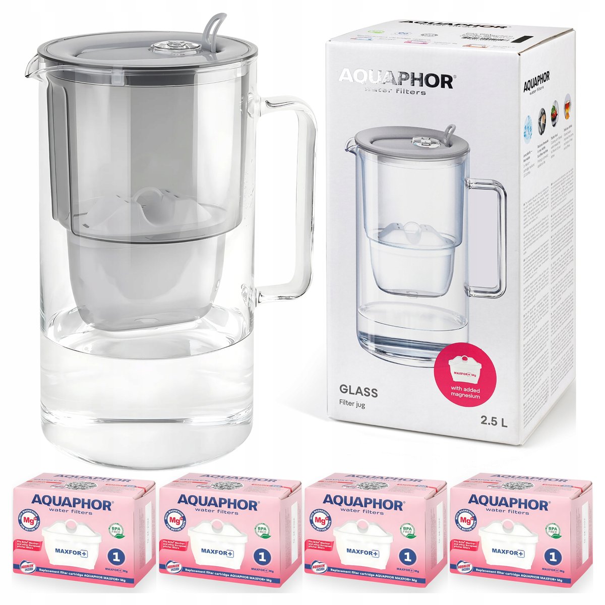 Dzbanek filtrujący szklany Aquaphor Glass Szary + 4 Filtry Maxfor Mg Magnez