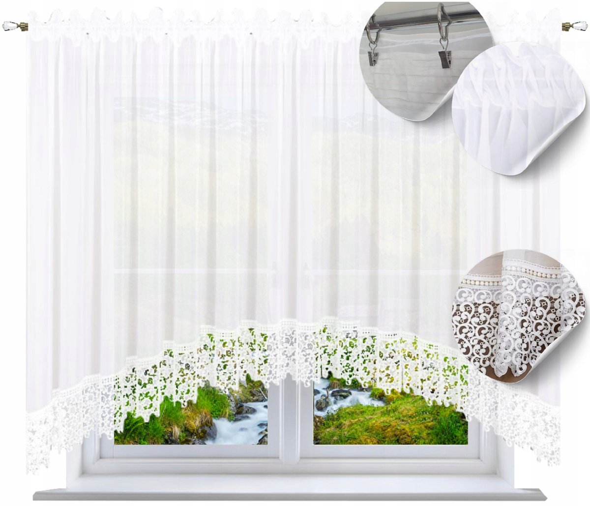 Firana gotowa z koronką 140x400 w ŁUK firany gipiura gładkie do salonu