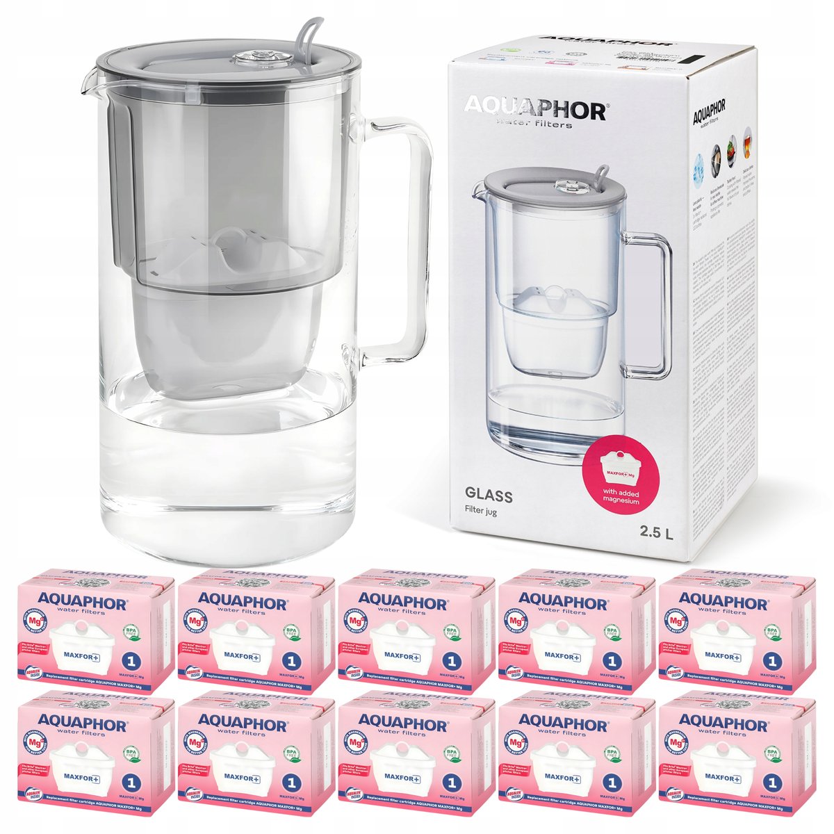 Dzbanek filtrujący szklany Aquaphor Glass Szary + 10 Wkładów Filtry Maxfor
