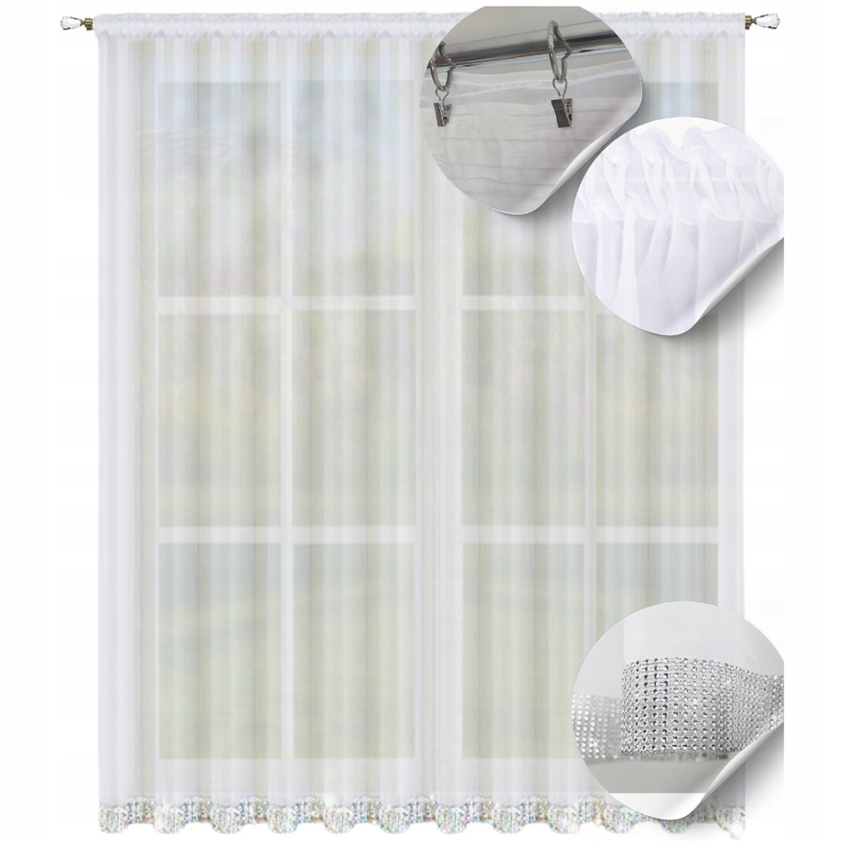 Firany z cyrkoniami gładkie gotowe 220x400 firana cekiny woal firanki białe