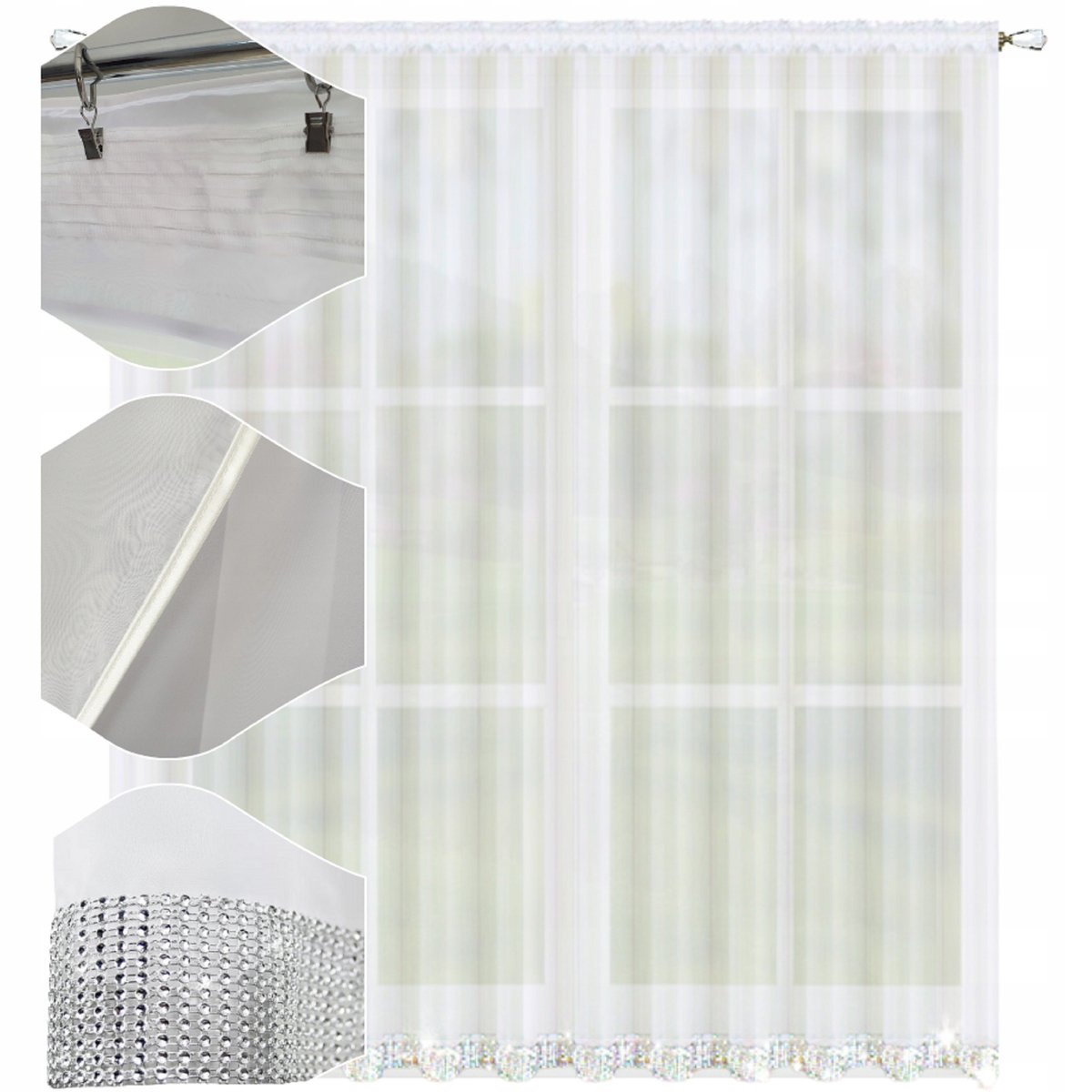 Firana gotowa z cyrkoniami 220x400 balkon salon firany gładkie białe cekiny