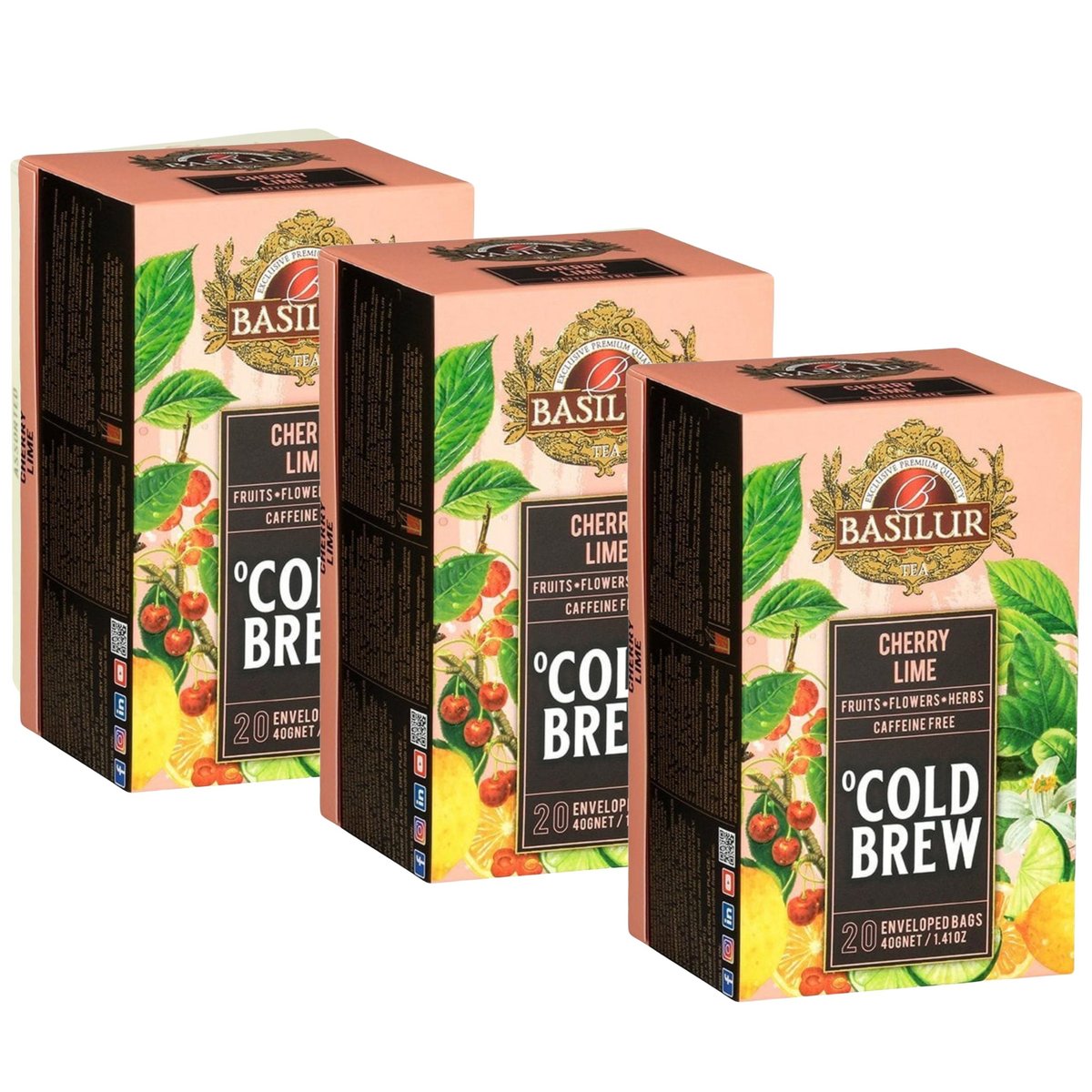 BASILUR Cold Brew - Owocowa herbata bezkofeinowa z aromatem wiśni i cytrusów, herbata na zimno w saszetkach 20 x 2 g x3