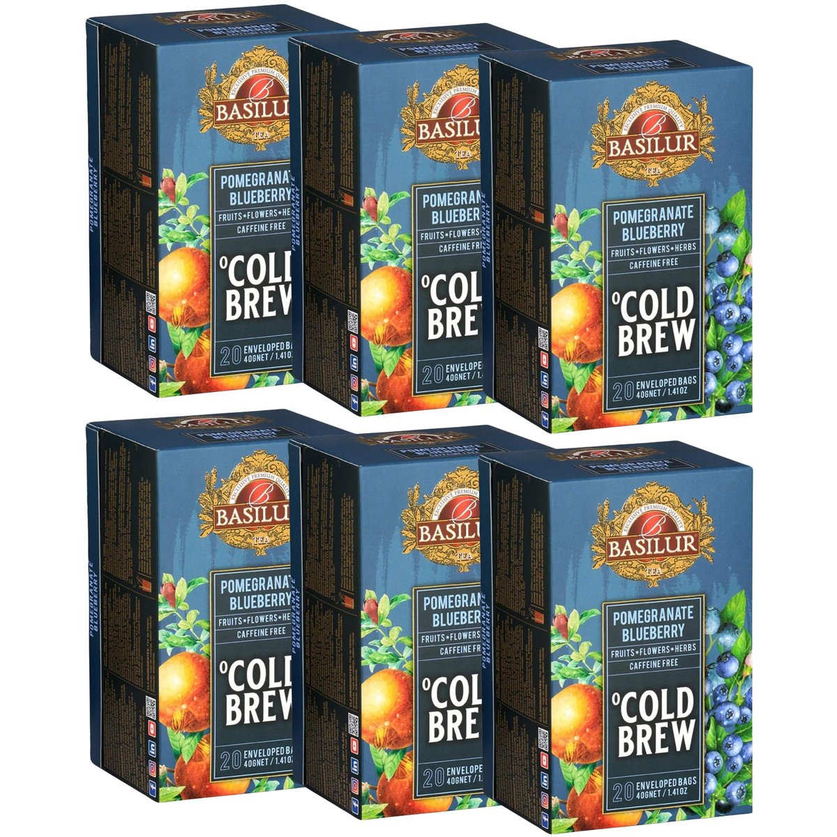 BASILUR Cold Brew - Owocowa herbata bezkofeinowa z aromatem granatu i borówki, herbata na zimno w saszetkach 20 x 2 g x6