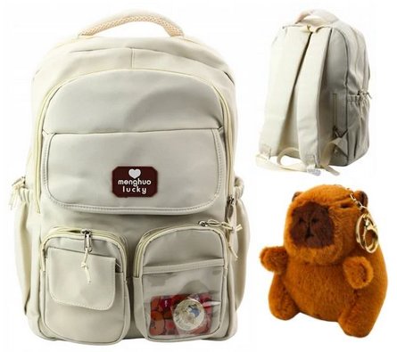 PLECAK SZKOLNY MIEJSKI KAPIBAR PRZYPINKA BRELOK KREMOWY 25L 42CM