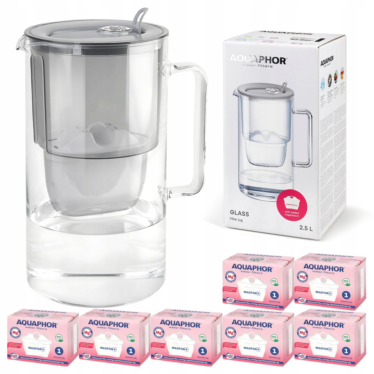 Dzbanek filtrujący szklany Aquaphor Glass Szary + 7 Wkładów Filtry Maxfor