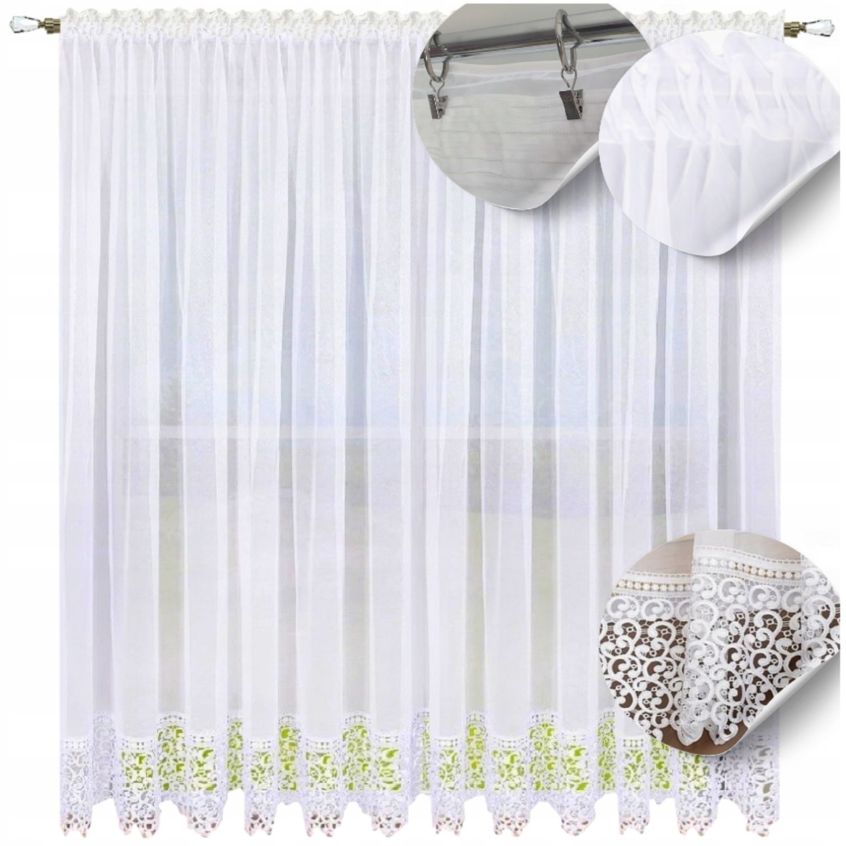 Firana gotowa długa 220x400 z gipiurą firanki z koronką do salonu firany