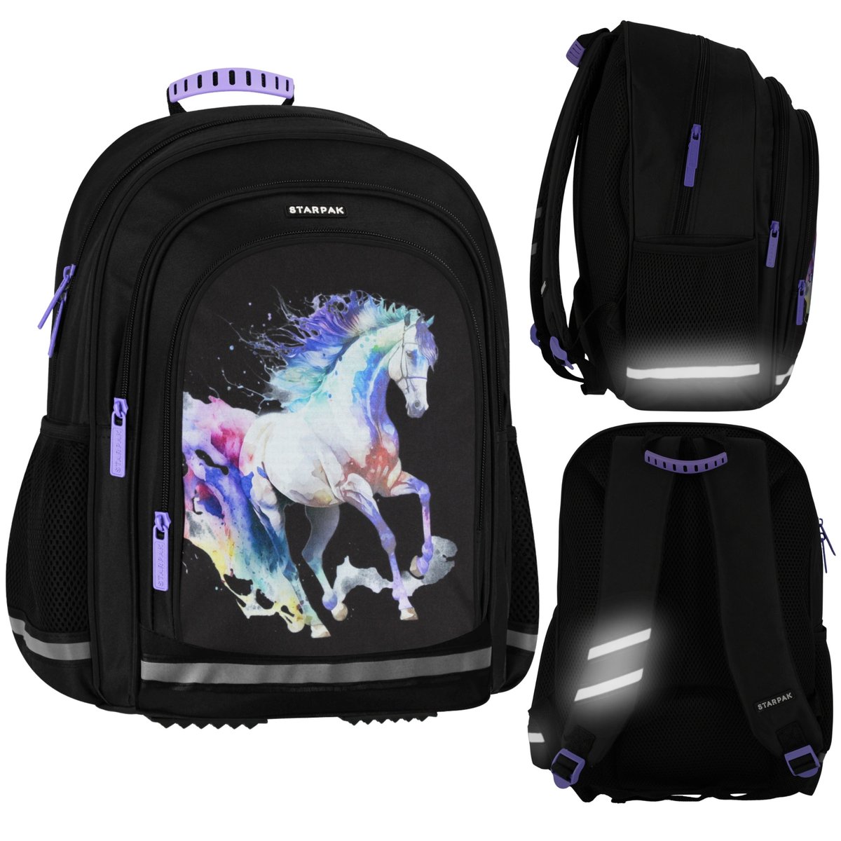 Czarny, USZTYWNIANY plecak szkolny TRZYKOMOROWY dla dziewczynki, z odblaskami, koń 40x29x20cm, 23 l