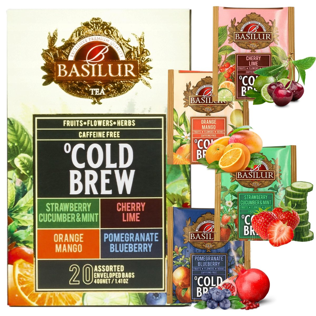 BASILUR Cold Brew - Zestaw 4 smaków owocowych, bezkofeinowa herbata na zimno w saszetkach 20 x 2 g x1
