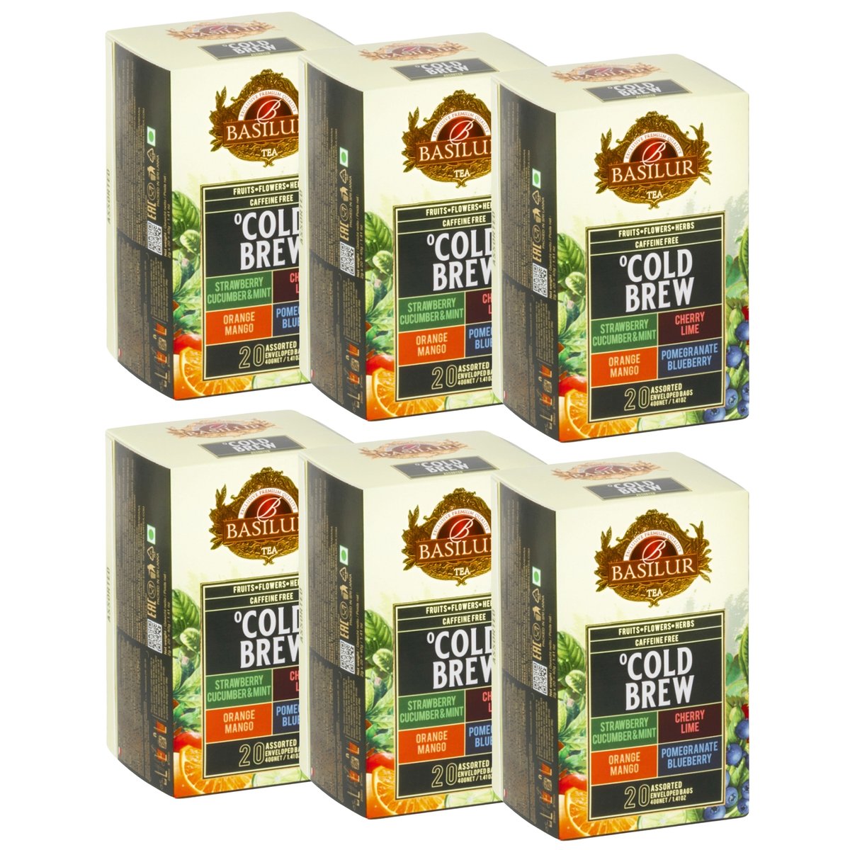 BASILUR Cold Brew - Zestaw 4 smaków owocowych, bezkofeinowa herbata na zimno w saszetkach 20 x 2 g x6