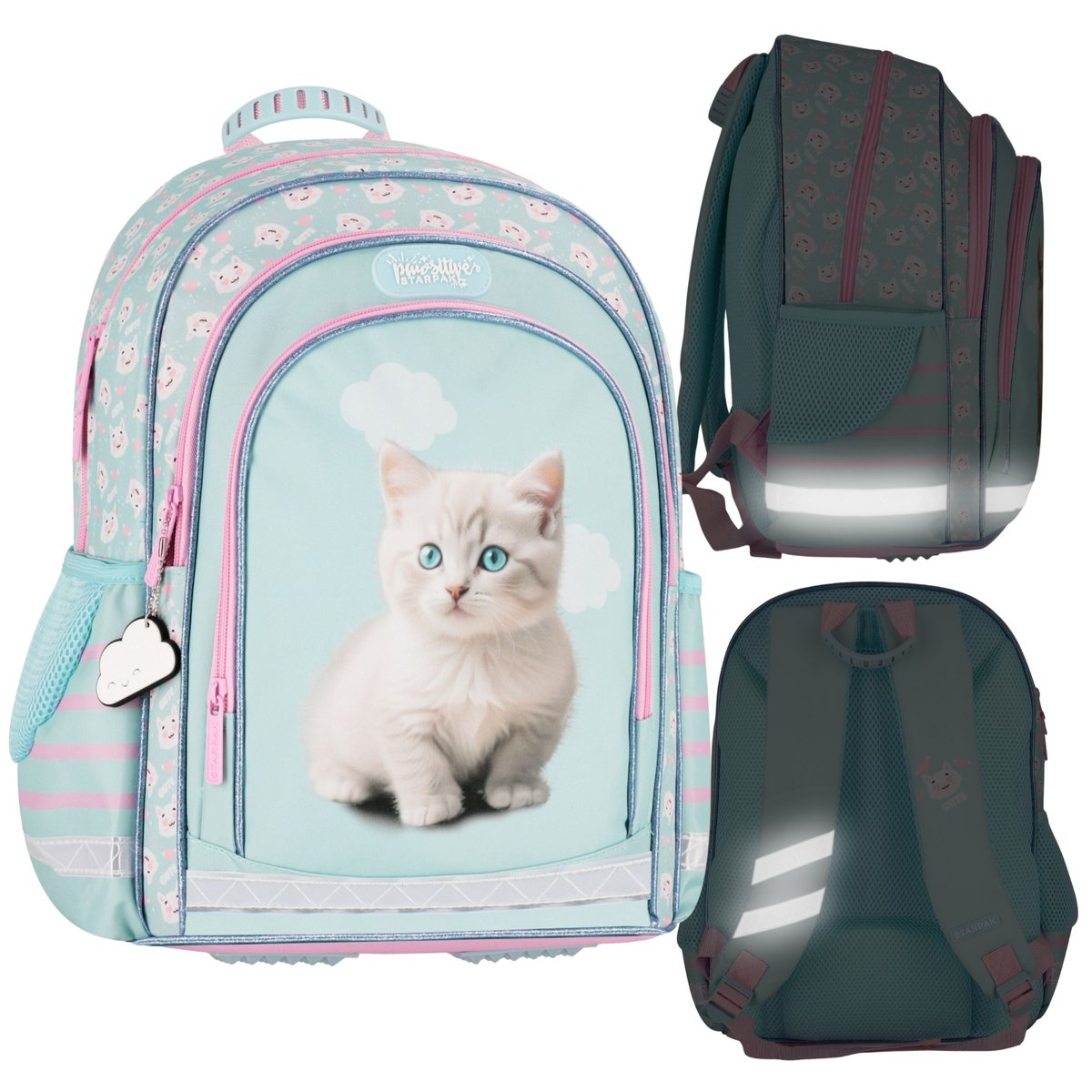 Niebieski, USZTYWNIANY plecak szkolny TRZYKOMOROWY dla dziewczynki, z odblaskami, słodki kotek 40x29x20cm, 23 l