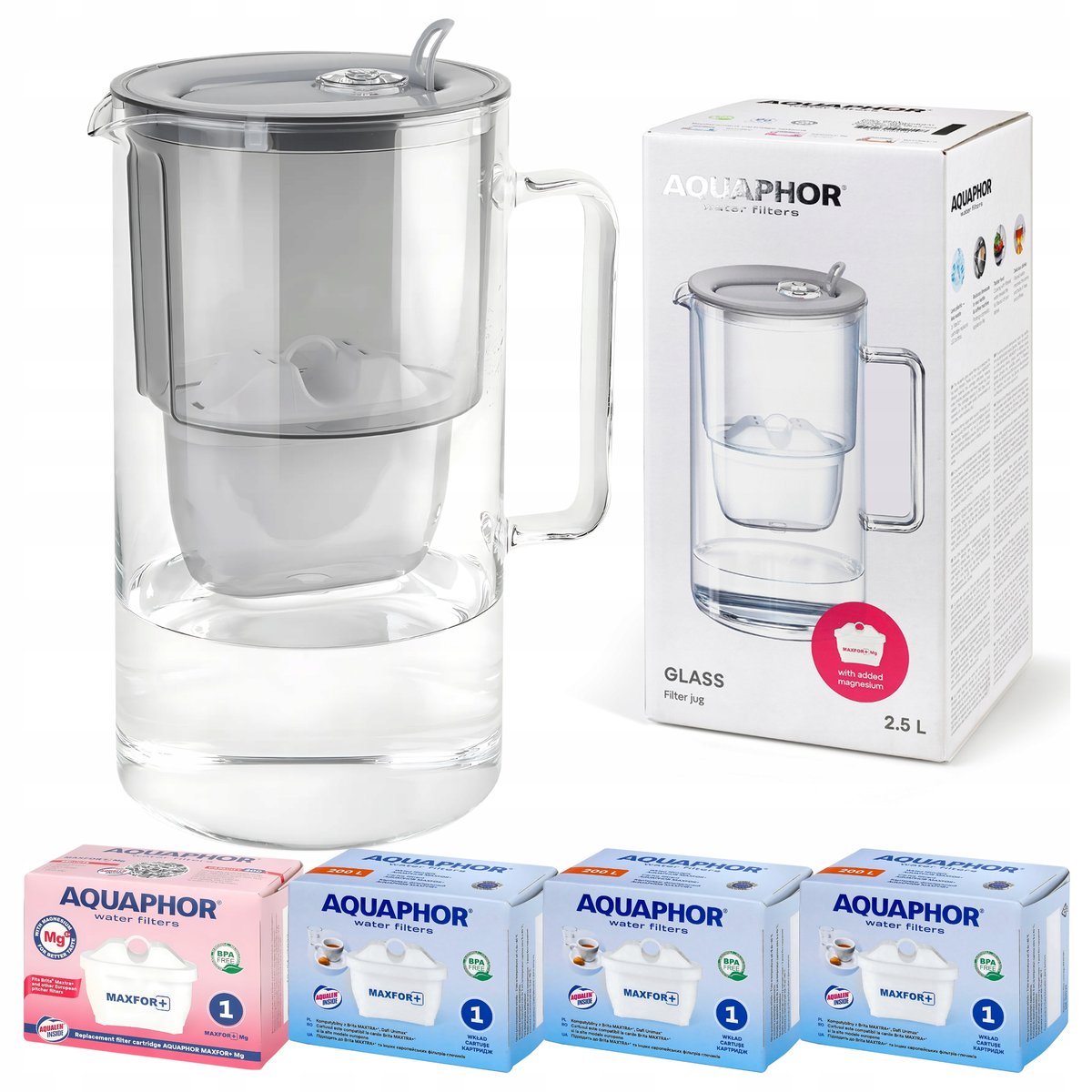Dzbanek filtrujący szklany Aquaphor Glass Szary + 4 Wkłady Filtry Maxfor