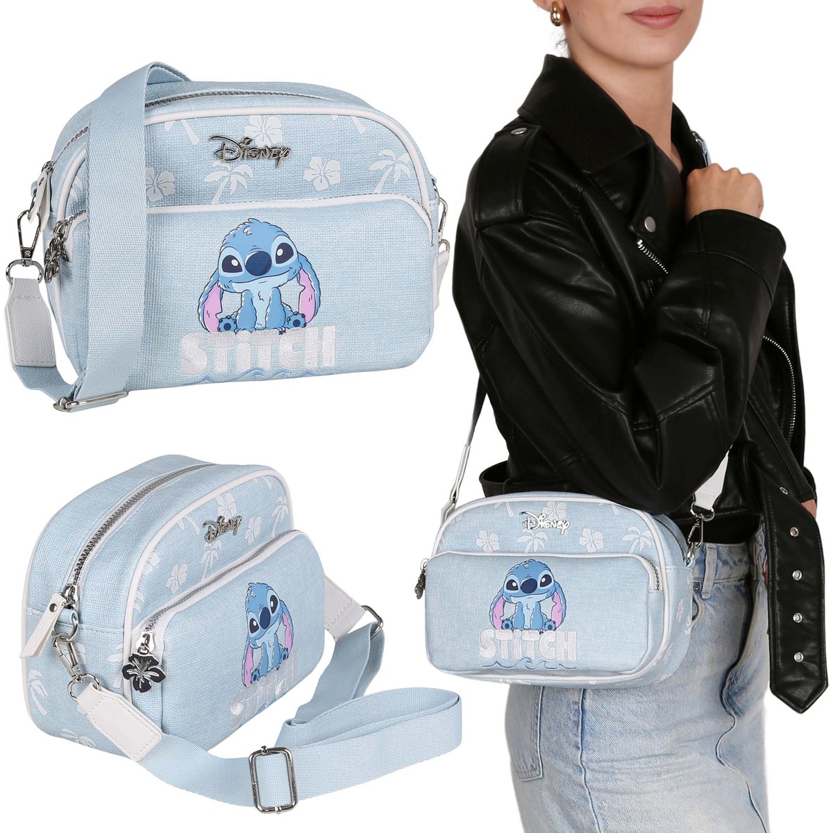 DISNEY Stitch Niebieska torebka damska z regulowanym paskiem, mała torebka 21x16x8cm