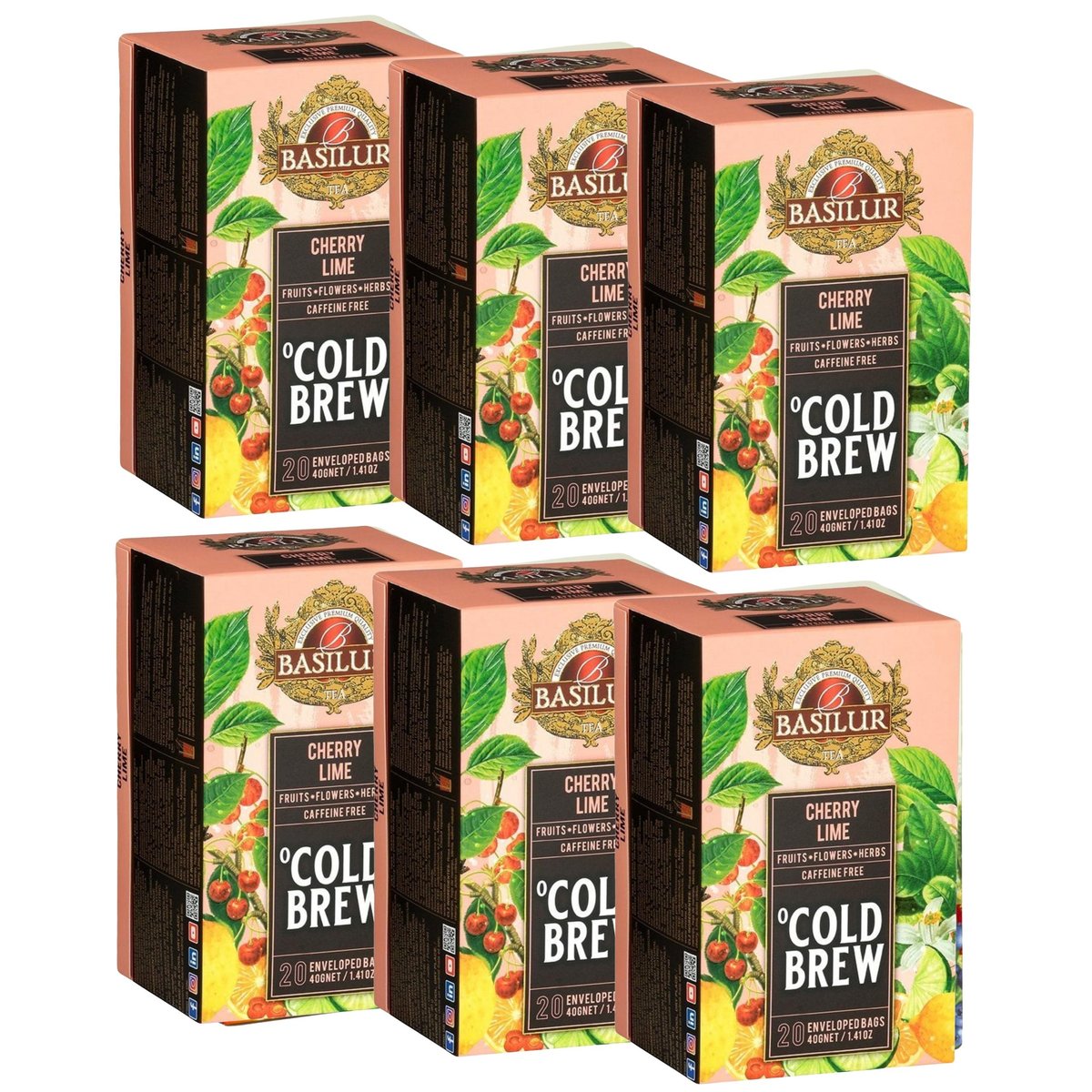 BASILUR Cold Brew - Owocowa herbata bezkofeinowa z aromatem wiśni i cytrusów, herbata na zimno w saszetkach 20 x 2 g x6