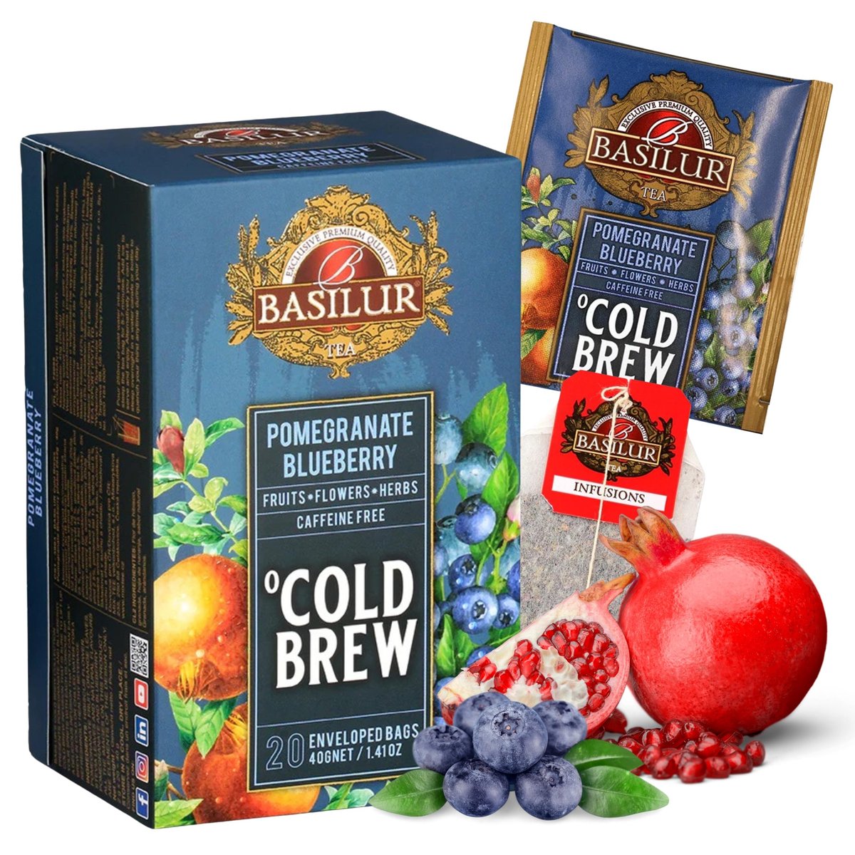 BASILUR Cold Brew - Owocowa herbata bezkofeinowa z aromatem granatu i borówki, herbata na zimno w saszetkach 20 x 2 g x1