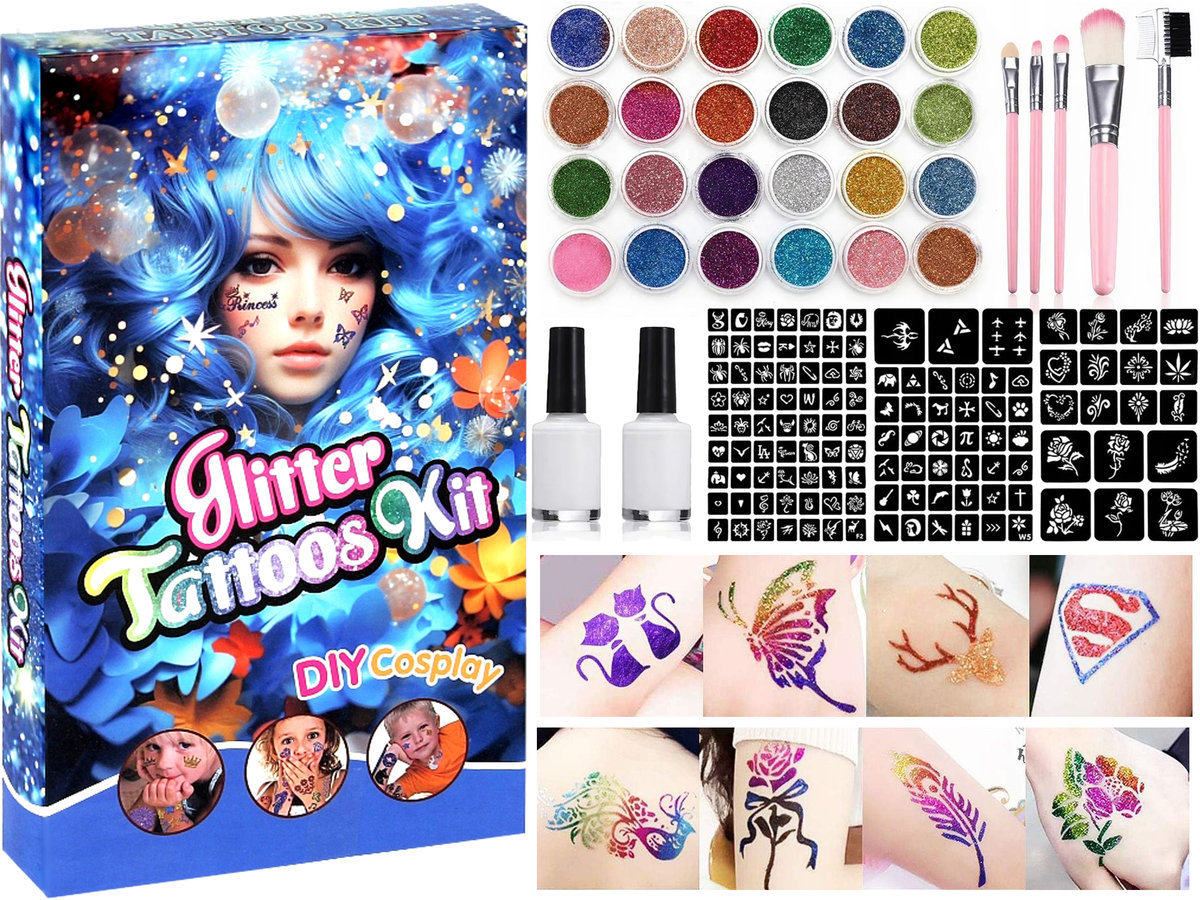 DUŻY Zestaw do Robienia TATUAŻY Z BROKATEM Szablony BROKATOWE TATUAŻE Naklejki