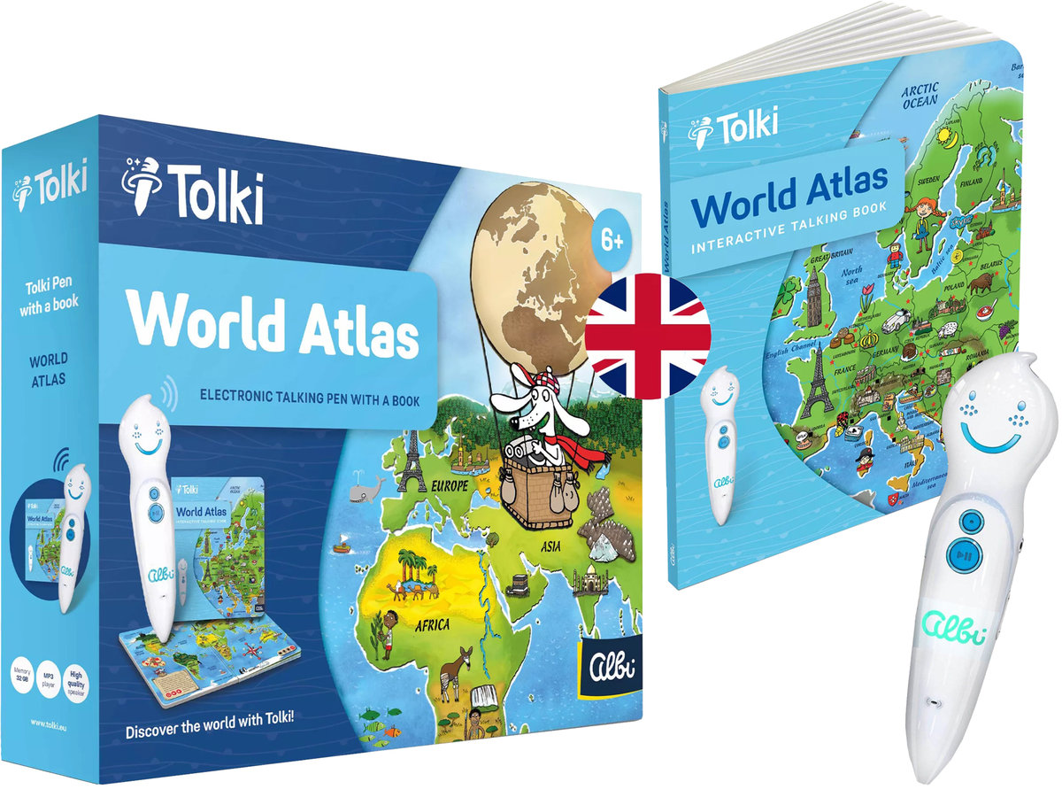 CZYTAJ z ALBIKIEM Zestaw KSIĄŻKA Book WORLD ATLAS Tolki EN + PIÓRO ALBIK