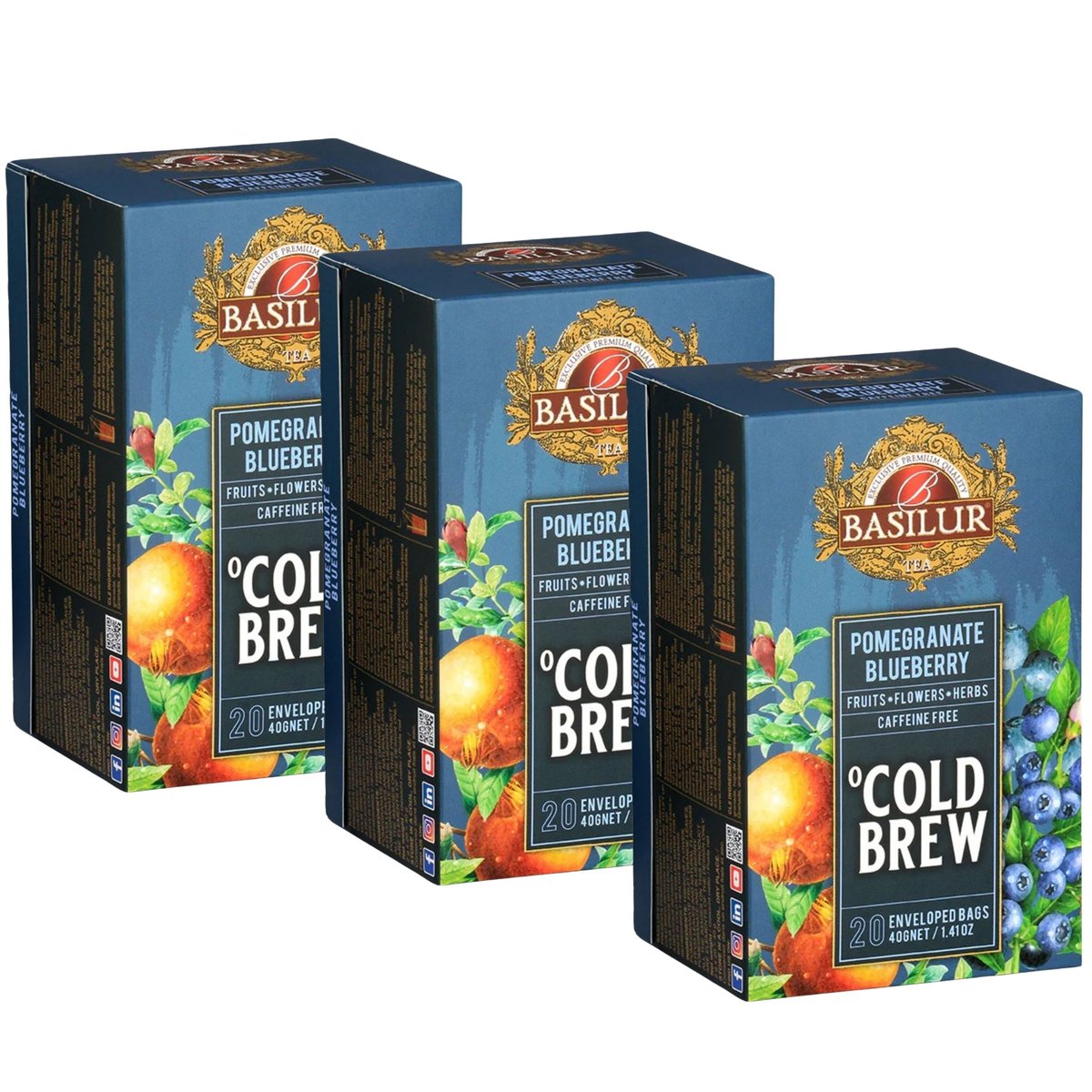 BASILUR Cold Brew - Owocowa herbata bezkofeinowa z aromatem granatu i borówki, herbata na zimno w saszetkach 20 x 2 g x3