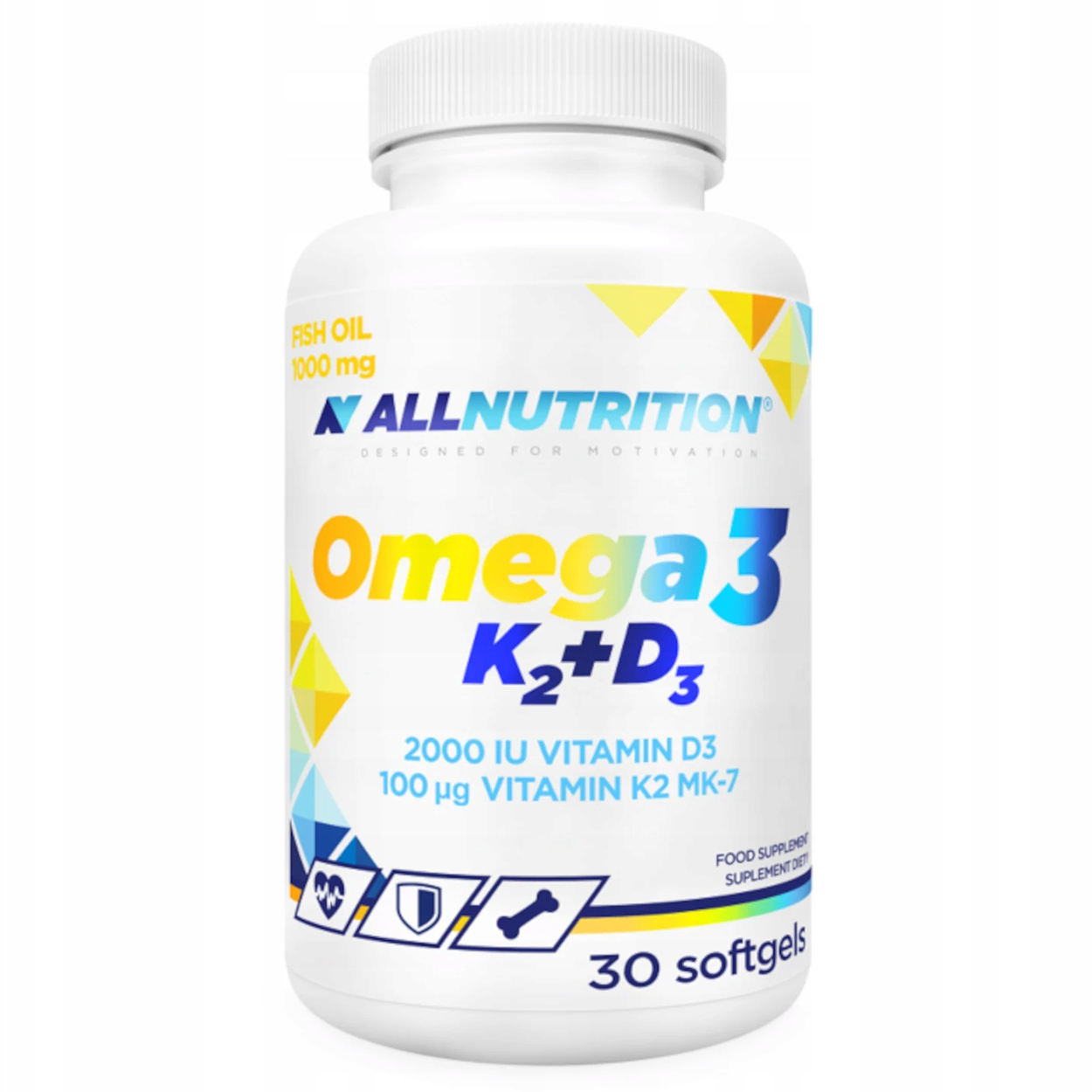 Allnutrition Omega 3 K2 + D3, olej rybi 1000 mg + witamina K 100 µg + witamina D 2000 j.m., 30 kapsułek