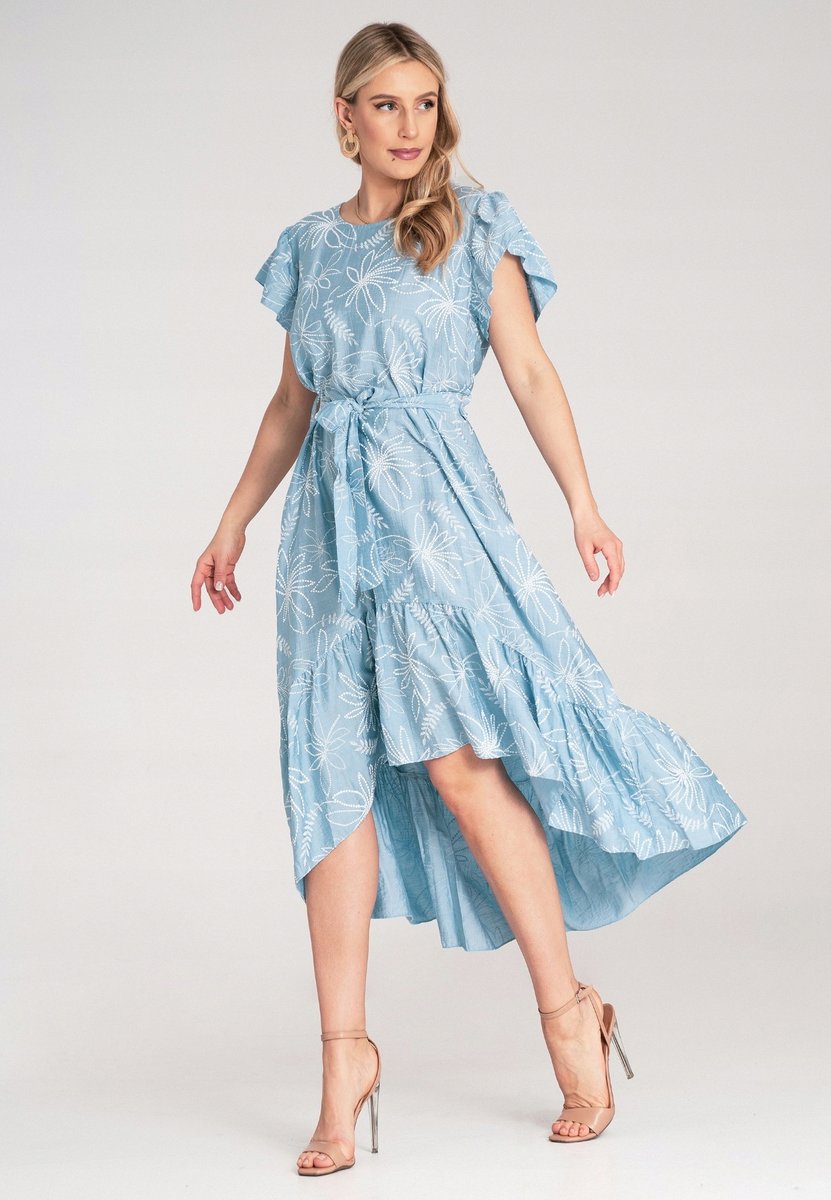 Sukienka w kwiaty Sukienka z falbankami Niebieska sukienka M1179 r. UNI