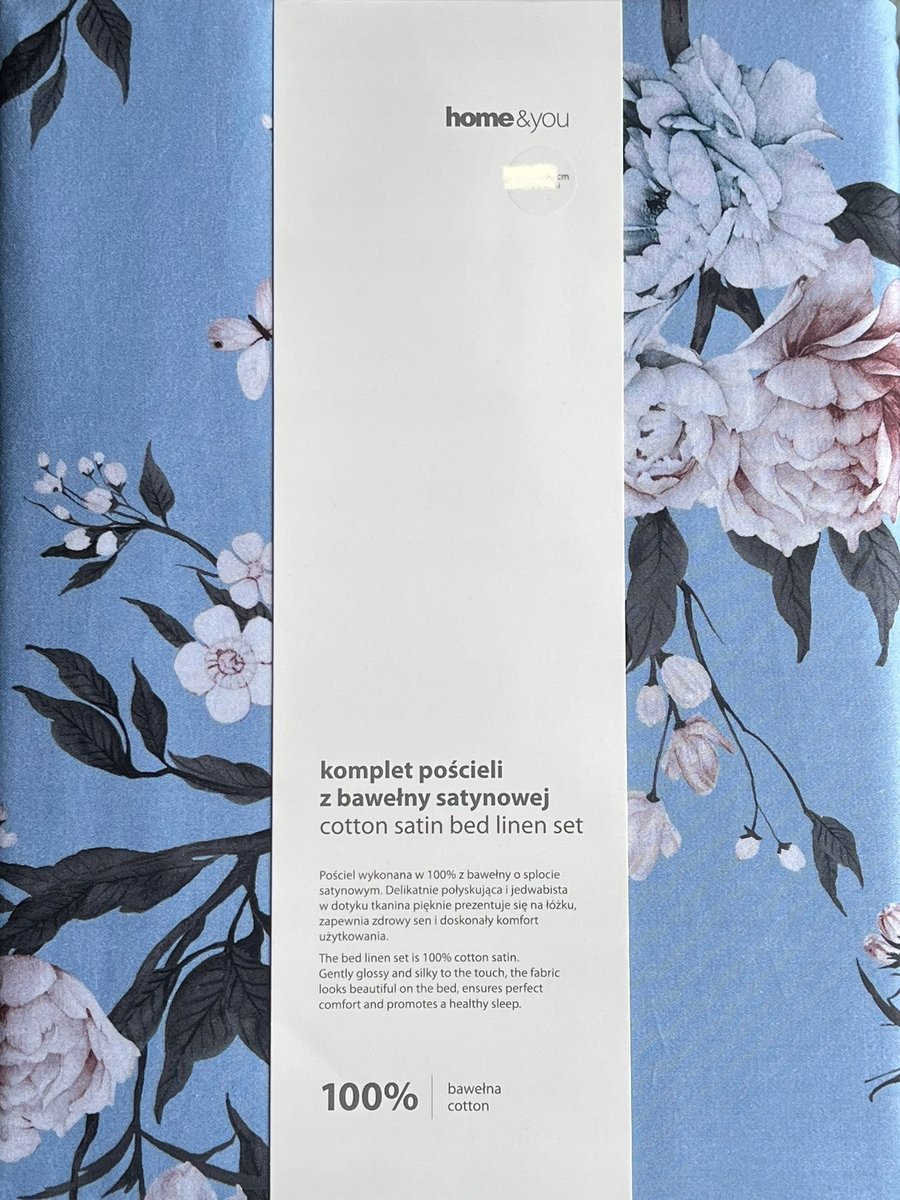 Pościel bawełna satynowa 200x220cm niebieska w kwiaty Solfiera 100% bawełna