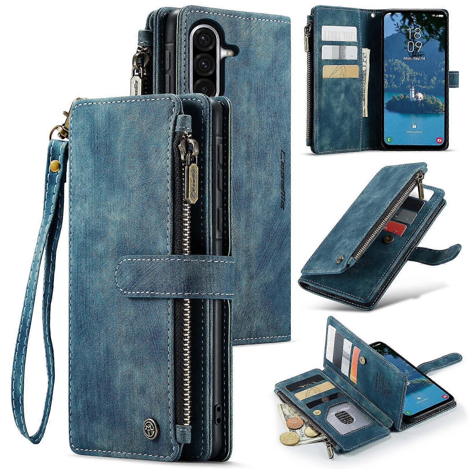 (Nowość) CaseMe C30 Card Slots Portfel na zamek błyskawiczny Skórzane etui na telefon Niebieski For Samsung Galaxy A56