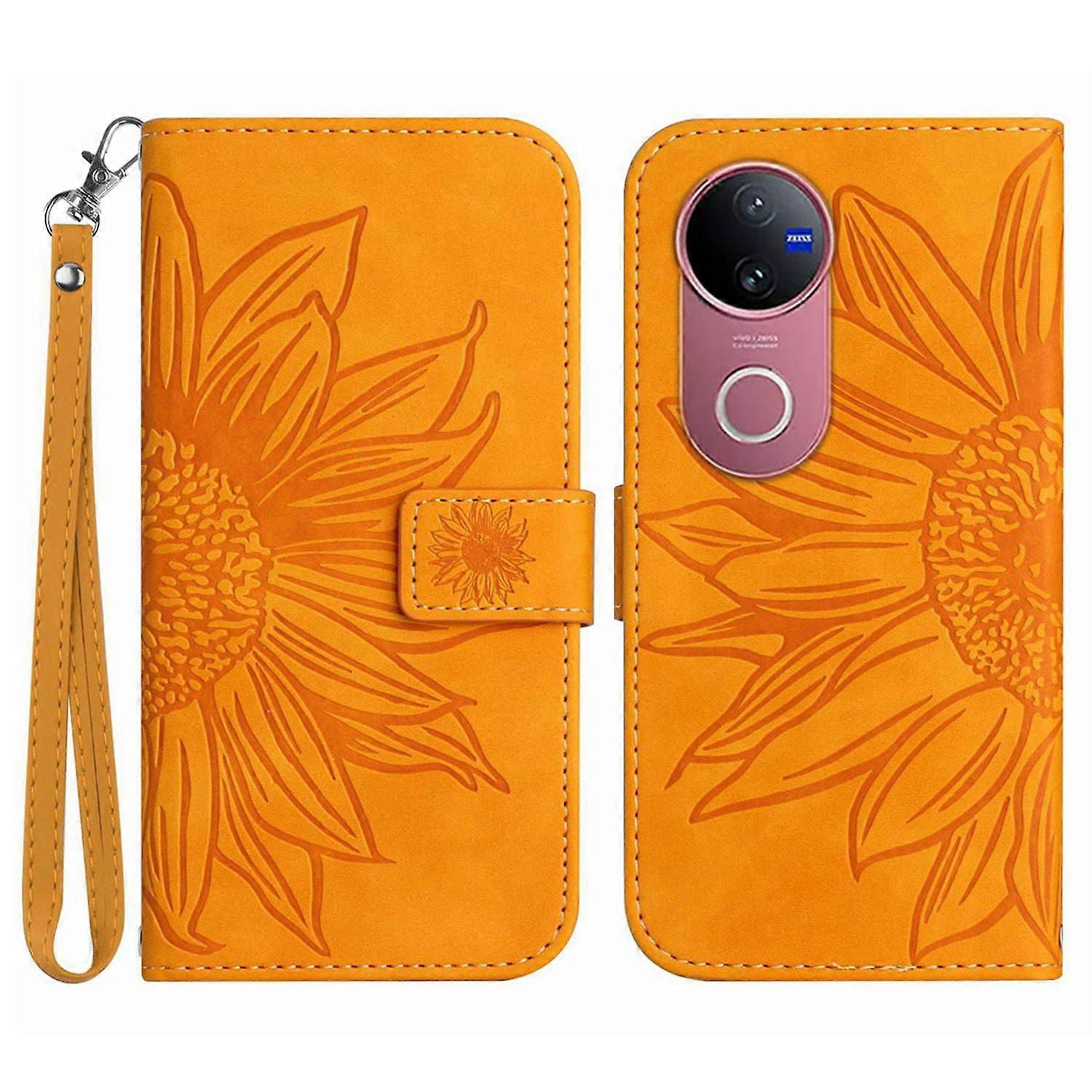 Dla vivo V50 5G Etui Sunflower Nadruk Skórzany portfel Pokrowiec na telefon z paskiem na nadgarstek - żółty Wielobarwny Yellow