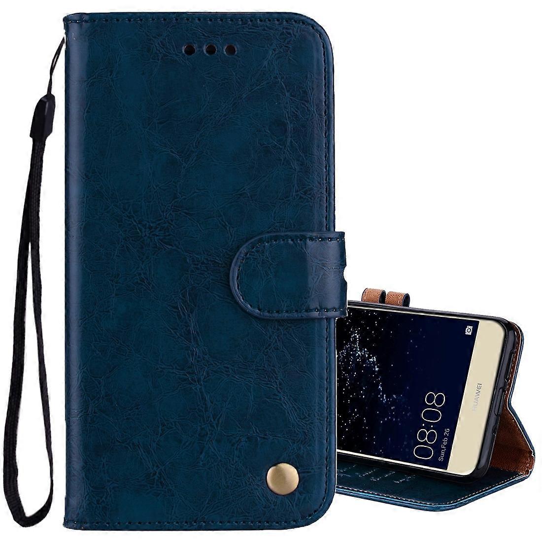Dla Huawei P10 Lite Business Style Oil Wax Texture Poziome skórzane etui z klapką z uchwytem i miejscami na karty oraz portfelem Niebieski